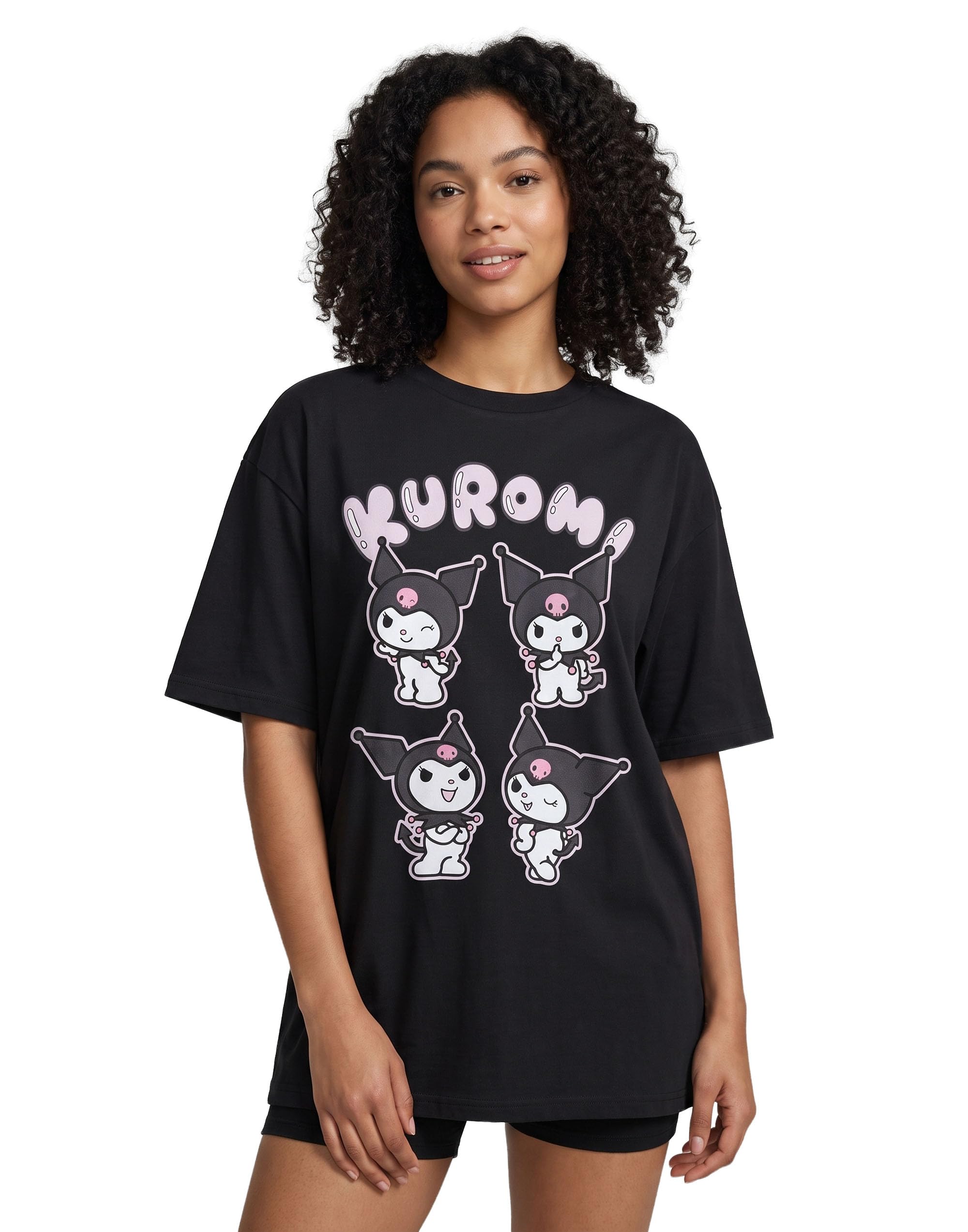 Hello Kitty & Friends Kuromi damska czarna koszulka z krótkim rękawem | Koszulka z grafiką | Top z postaciami Sanrio, My Melody, Cinnamoroll | Odzież anime retro