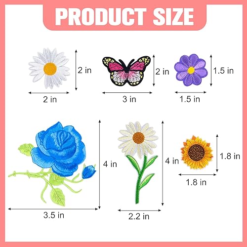 Miniatura 2 de 100 parches de flores y mariposas para planchar o coser, bonitos parches bordados de rosas para ropa, parches de margaritas decorativos grandes y