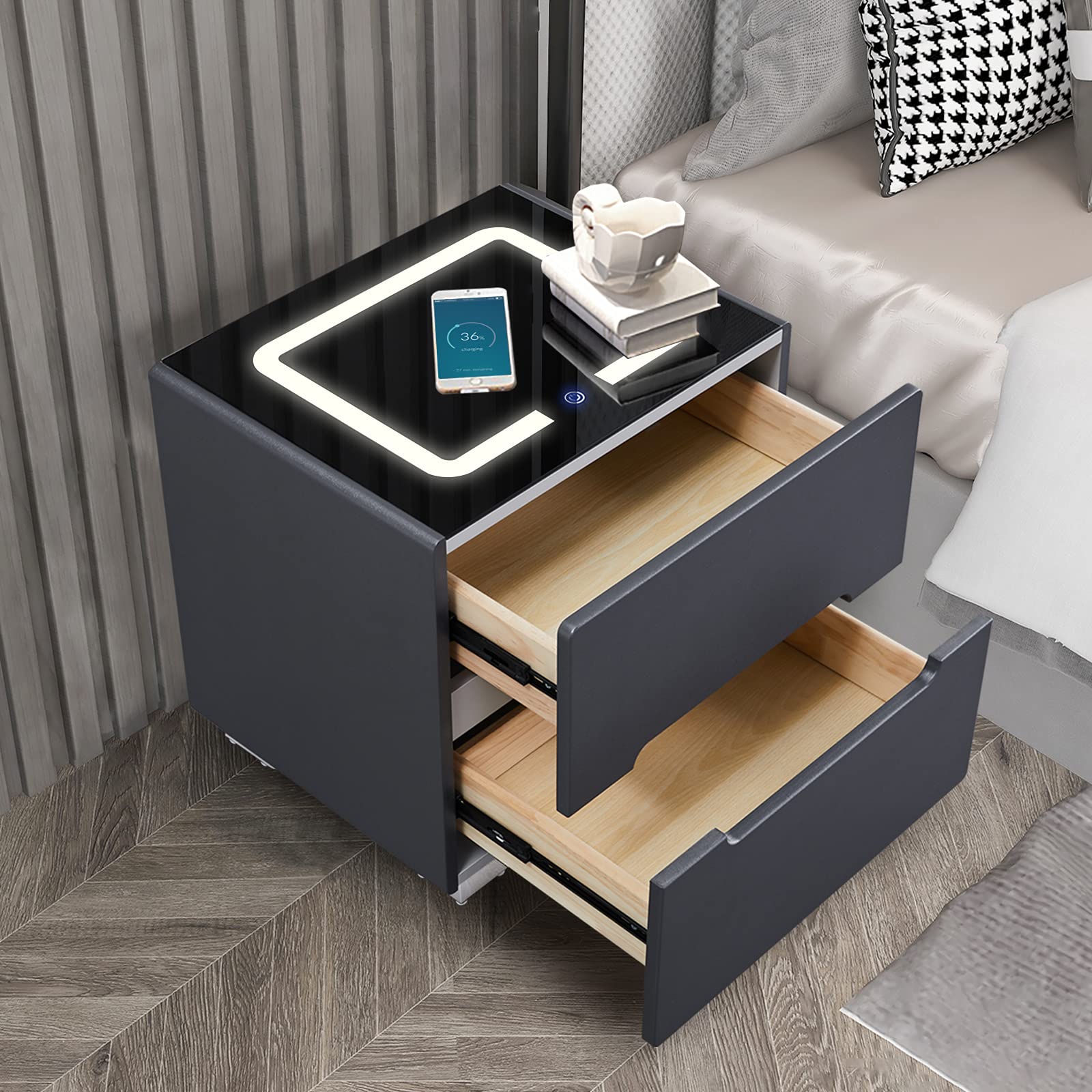 CLIPOP Nightstands Wireless Charging Station and LED Lights, Smart Bedside Table with 3 Color LED Lights, 2 Drawers, Tempered Glass Top, Storage Cabinet for Living Room Bedroom (Grey, 2 Drawers)