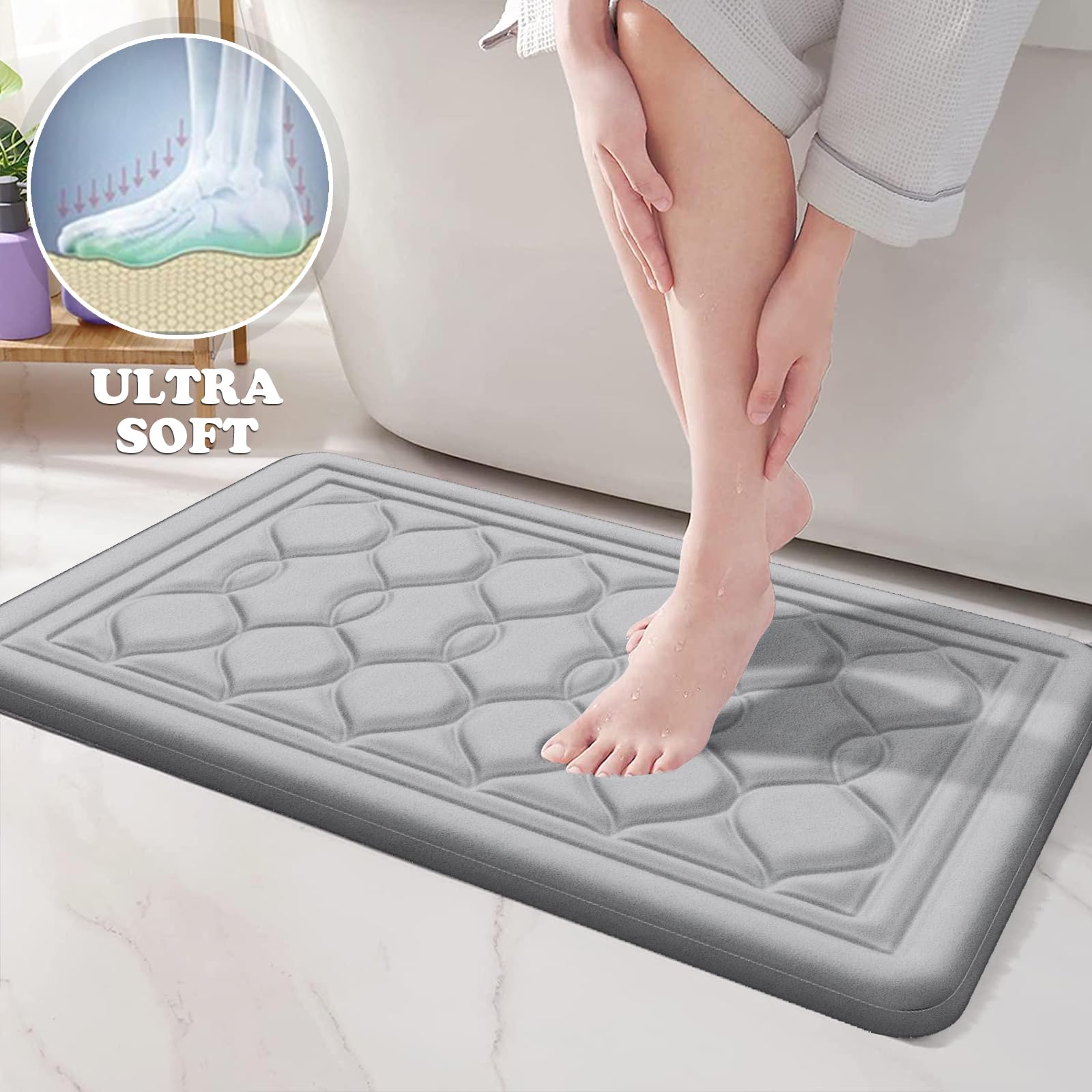 Juego de alfombras de baño de espuma viscoelástica, 2 piezas, ultra suaves, grises, antideslizantes, absorbentes de agua, lavables a máquina, de secado rápido, alfombras de baño para baño, bañera,