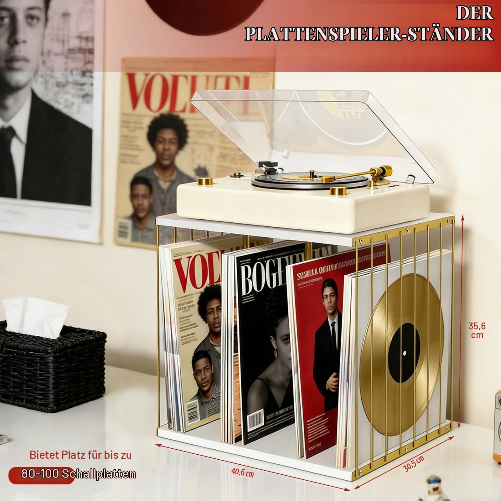 Schallplatten Aufbewahrung, Schallplattenständer für 80-100 LPs, Holz & Metall Vinyl Schallplatten Halter Organizer für Bücher, Fotoalben, Zeitschriften