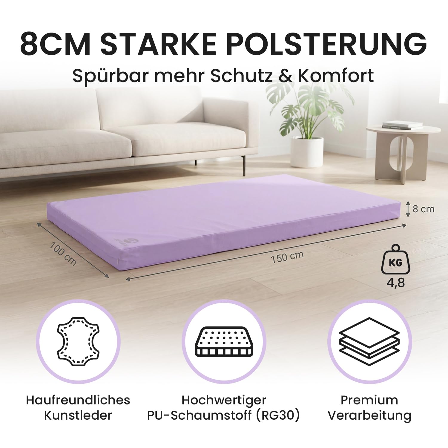 Jeflex - Weichbodenmatte & Turnmatte 150 x 100 x 8 cm MADE IN GERMANY/Gymnastikmatte tragbar/platzsparende Fitnessmatte & Spielmatte für Kinderzimmer
