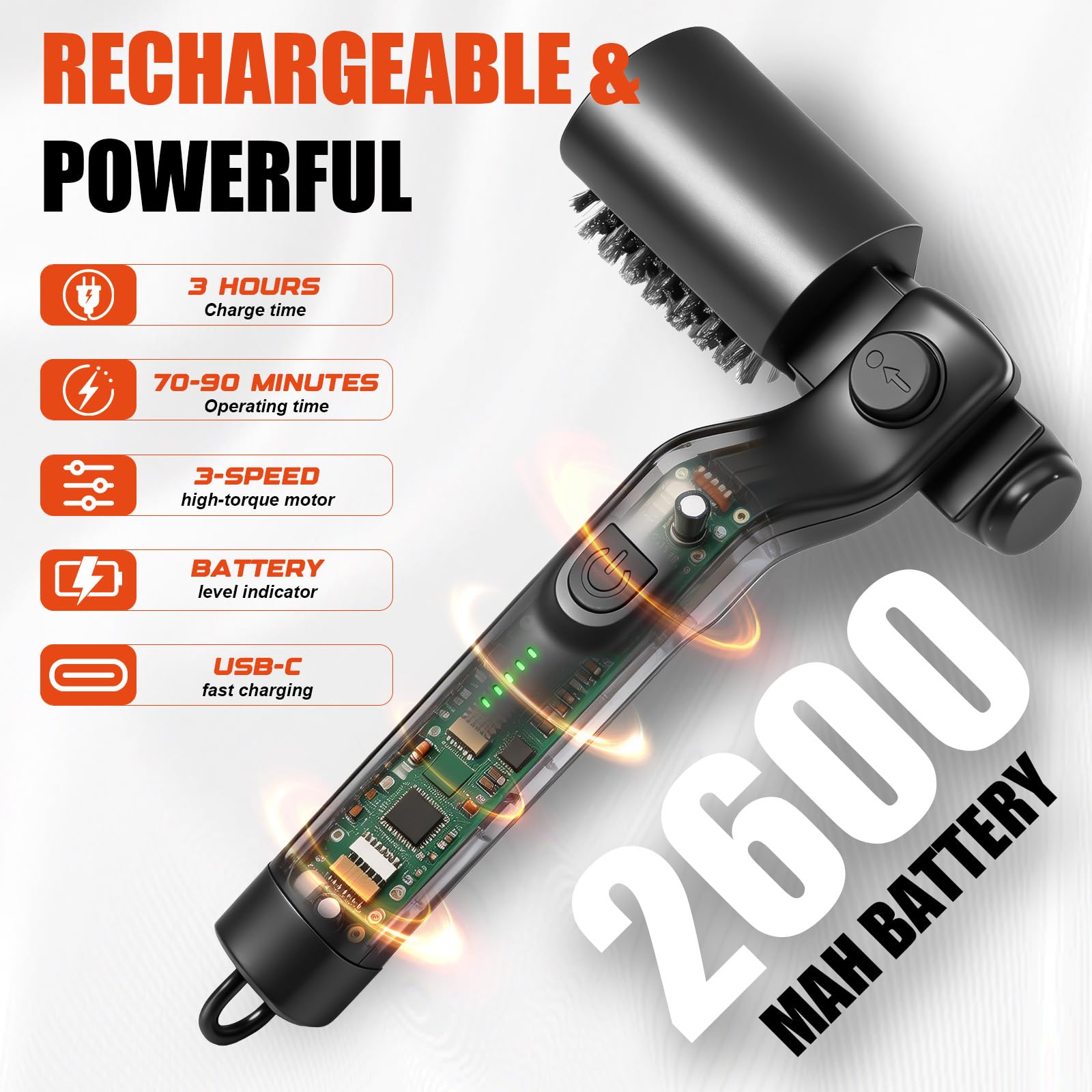 Spazzola Barbecue Elettrica 2-In-1, Spazzola elettrica per barbecue a batteria con Testa orientabile a 180°, motore a 3 velocità, 2 Testine, 90 minuti di autonomia, per griglia, affumicatore