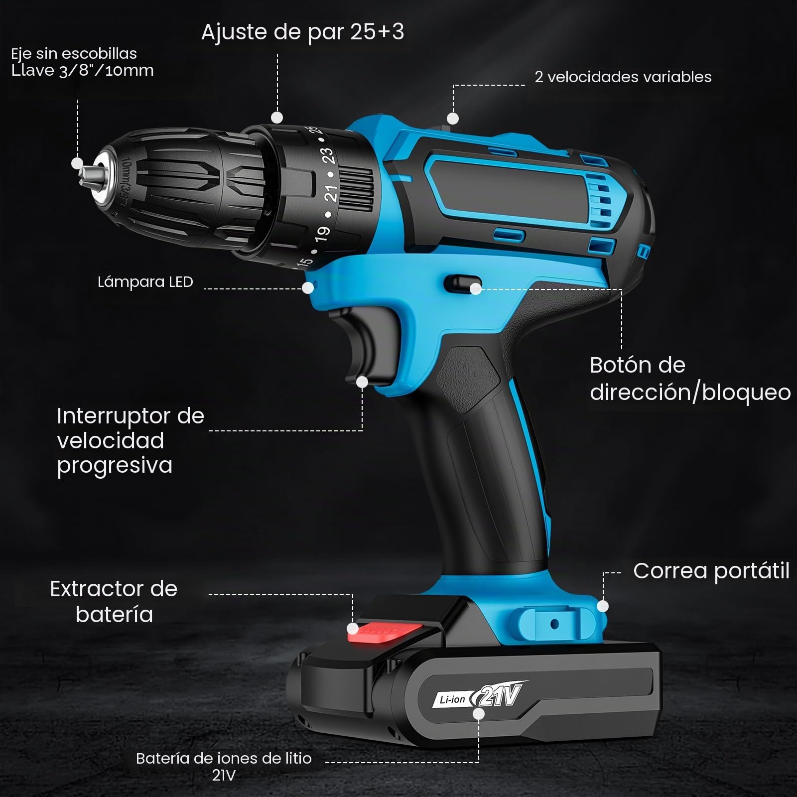 Taladro Percutor a Bateria 21V, Taladro Atornillador Bateria con 2 Baterías 2000mAh, 32Nm, 25+3 Ajuste de Par Destornillador Electrico, 24 Accesorios, 2 Velocidad, LED Luz Para Hogar, Bricolaje
