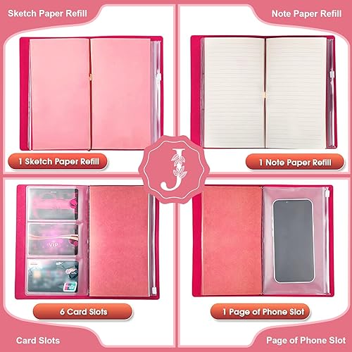 Miniatura 4 de Diario personalizado para regalo, diario de cuero con inicial rosa + juego de bolígrafo de corazón de diamante, cuaderno de viaje, bloc de notas