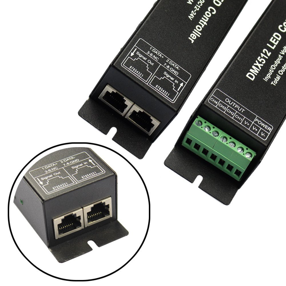 JOYLIT Controlador Decodificador LED DMX512 4CH 16A para Tira LED RGB/RGBW | Pantalla Digital, Compatible con Luces LED de 12/24V, para Iluminación Escénica, Comercial y Municipal