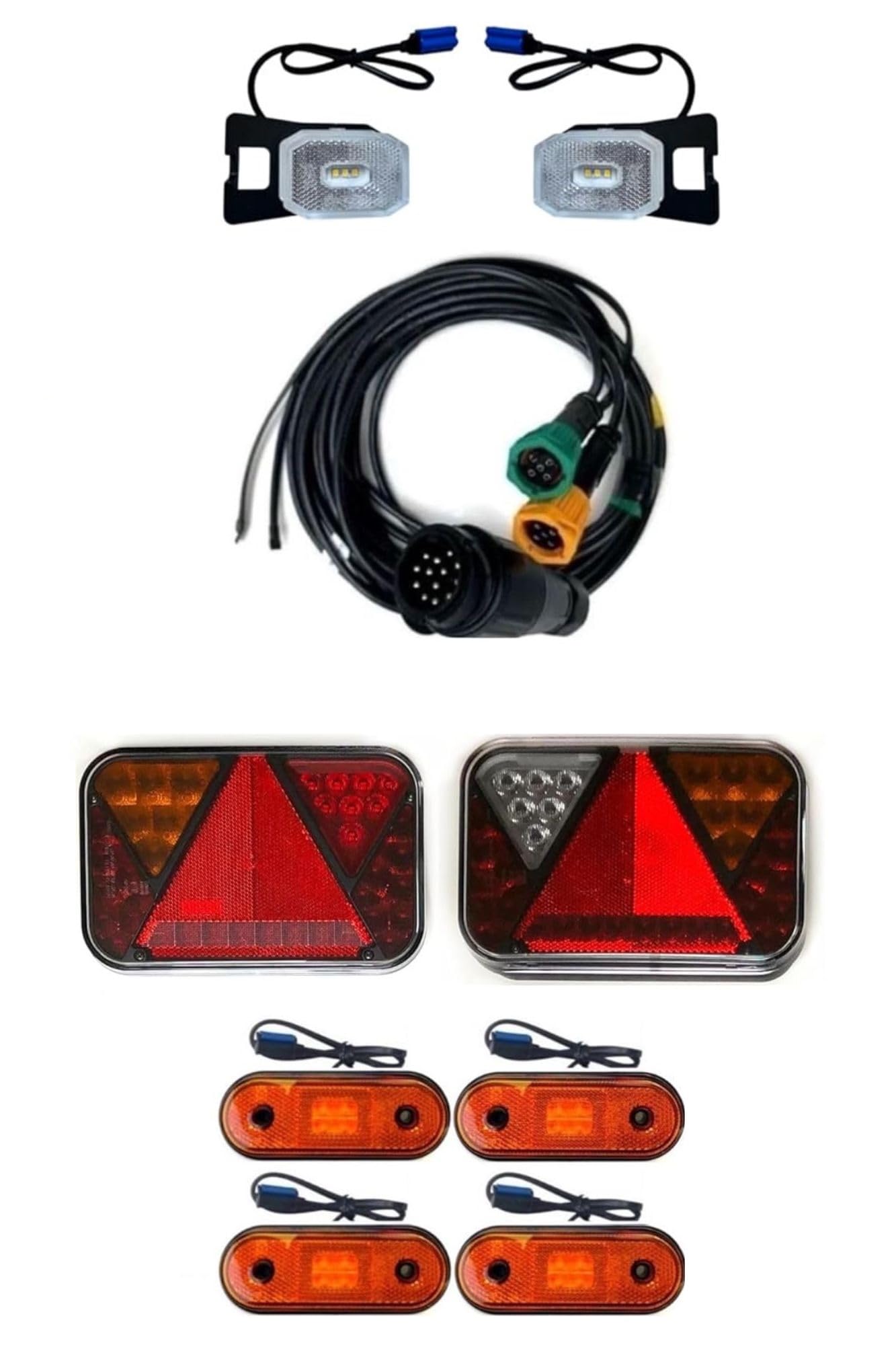 LED Anhängerbeleuchtung Komplettset 13-polig Rückleuchten Umrissleuchten E9 Wohnwagen Trailer LKW 12V 24V Bremslicht Blinker Nebelschluss Rückfahrlicht IP69 (Kabel 7,7m/5,3m)