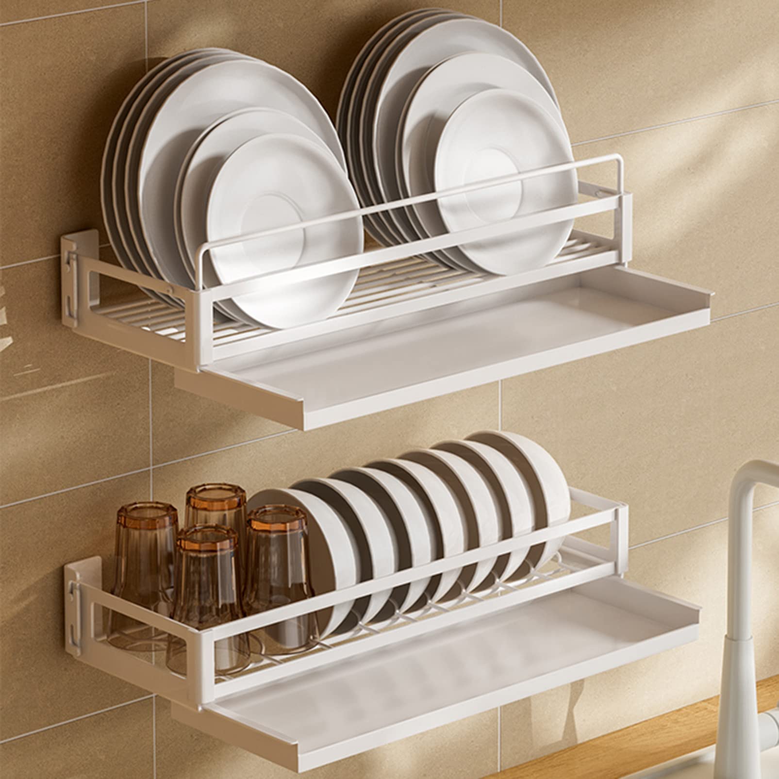 Escurridor De Platos De Pared, Soporte Para Utensilios, Organizador De Estantes Para Utensilios De Cocina, Soporte Para Tazones, Estante De Almacenamiento De Platos De Acero Inoxidable Con Bandeja De