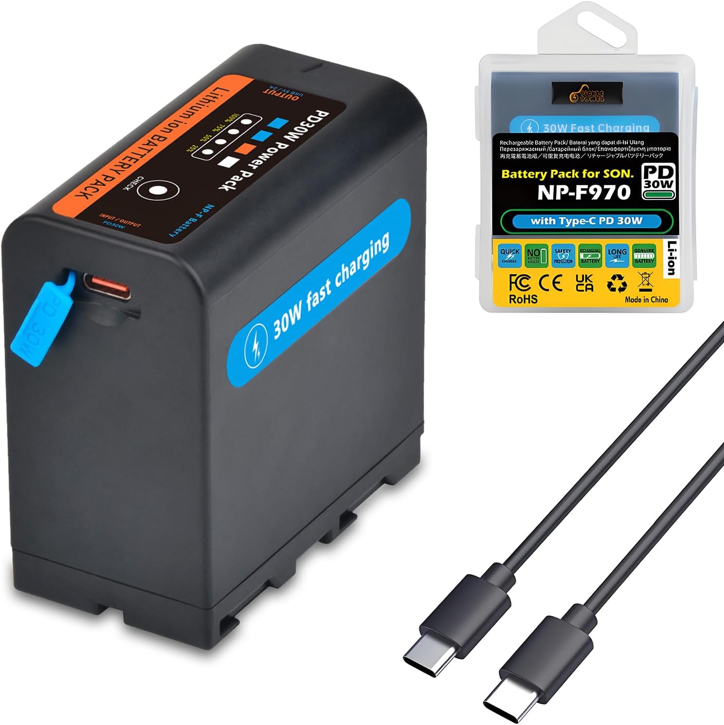 Pickle Power 10500mAh NP-F970 USB-C Battery, PD 30W Fast Charging Multifunctional Battery Pack for Sony FX3/A7 IV/A7S III, for Canon R5/R6, for Nikon Z8 for Monitor, LED Video Light, Camcorder