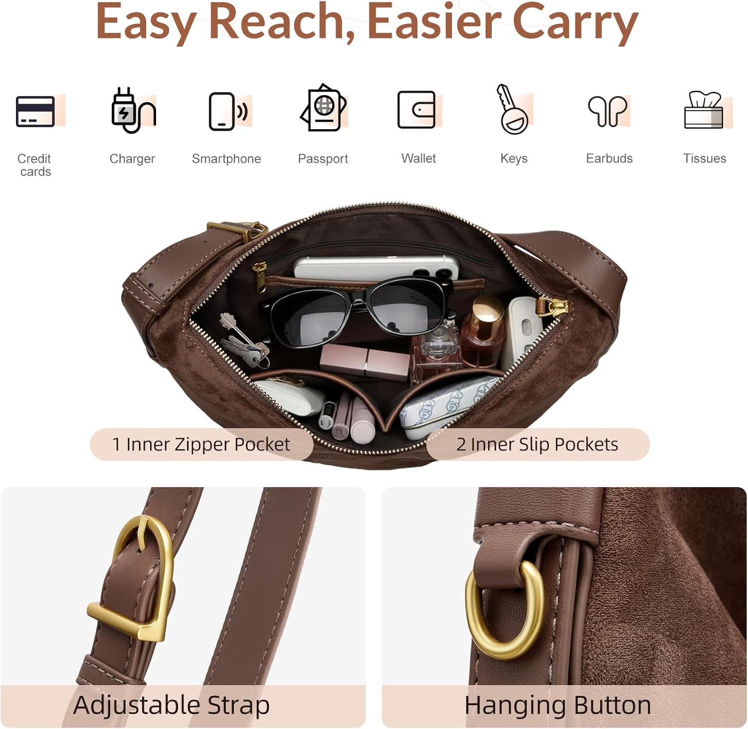 Hobo Bags for Women Slouchy Shoulder Suede Purse, Soft Crossbody Handbag with Multiple Pockets Casual Tote Purse - Image 4