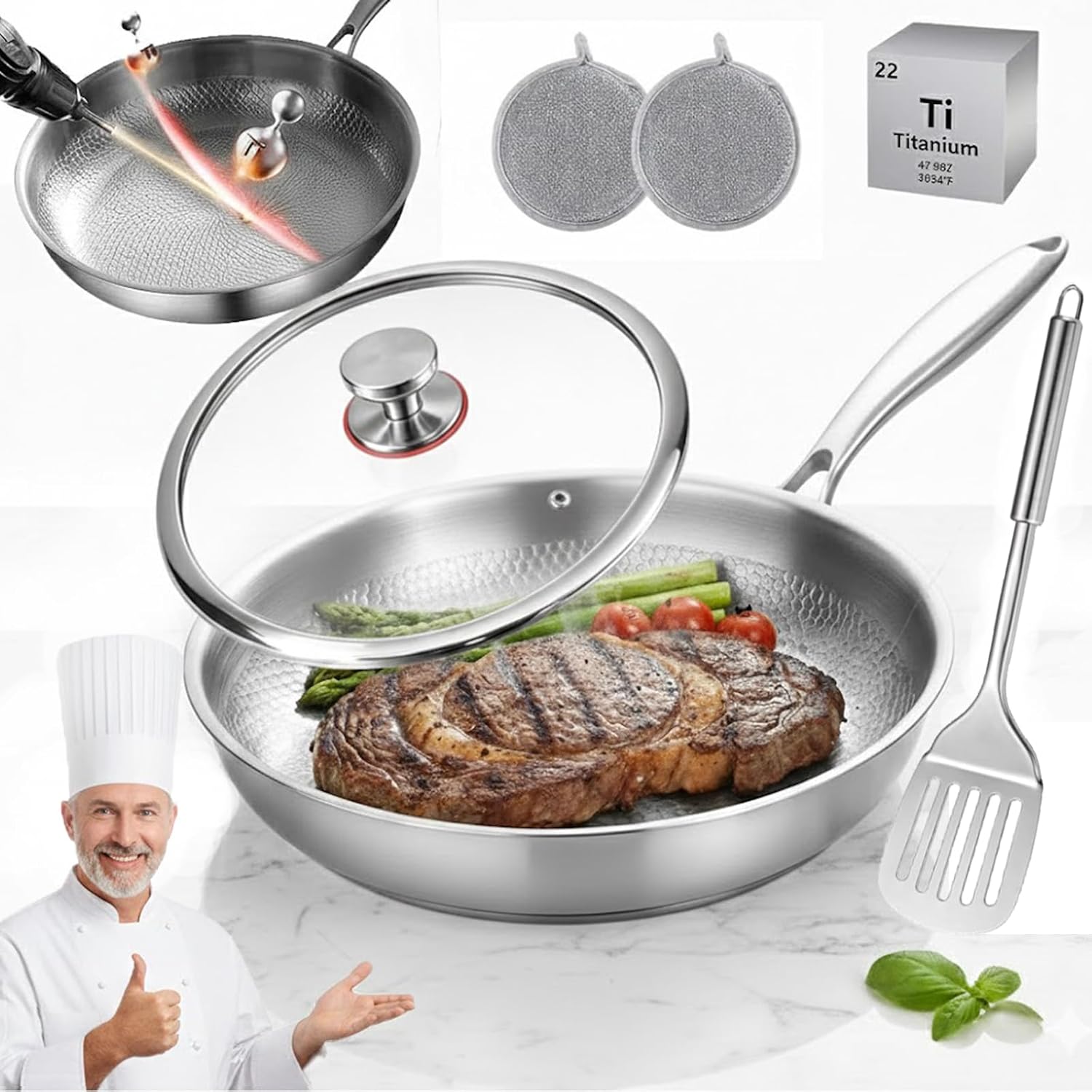 Titanium Pan, 2026 Upgrade Pure Titanium Classic Pan with Lid and Spatula, Scratch-Resistant, No Coating Nonstick Frying Pan for Cooking, Professional Grade Kitchen Essentials (With Lid, 11.02in)
