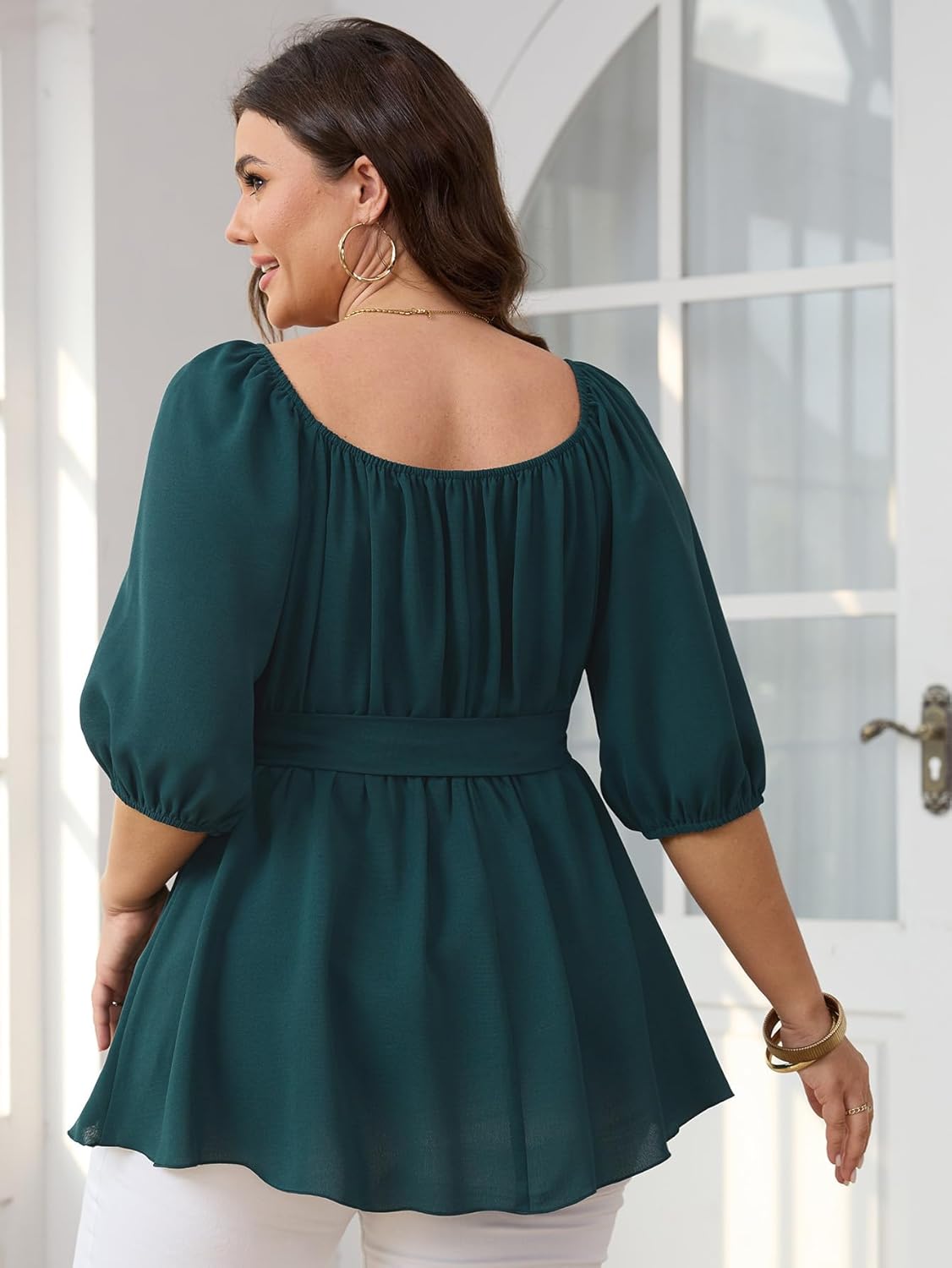 Women's Plus Size Square Neck Peplum Blouses Dressy Tops 3/4 Puff Sleeve Empire Waist Tie Ruffle Hem Babydoll Top