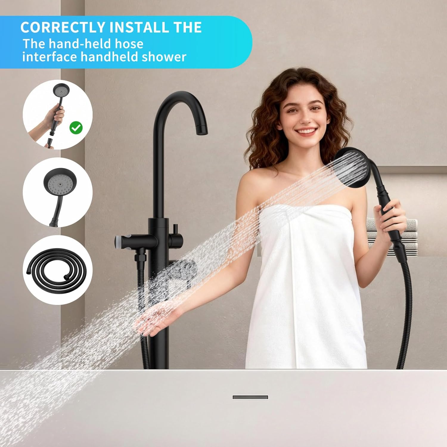 Freestanding Tub Filler Matte Black Floor Mount Bathtub Faucet Bathroom,Rough-in Valve 2 Function Handshower for Tub Rinsing Bathing,Anti-Wobble Base,Telephone-Shape Handheld