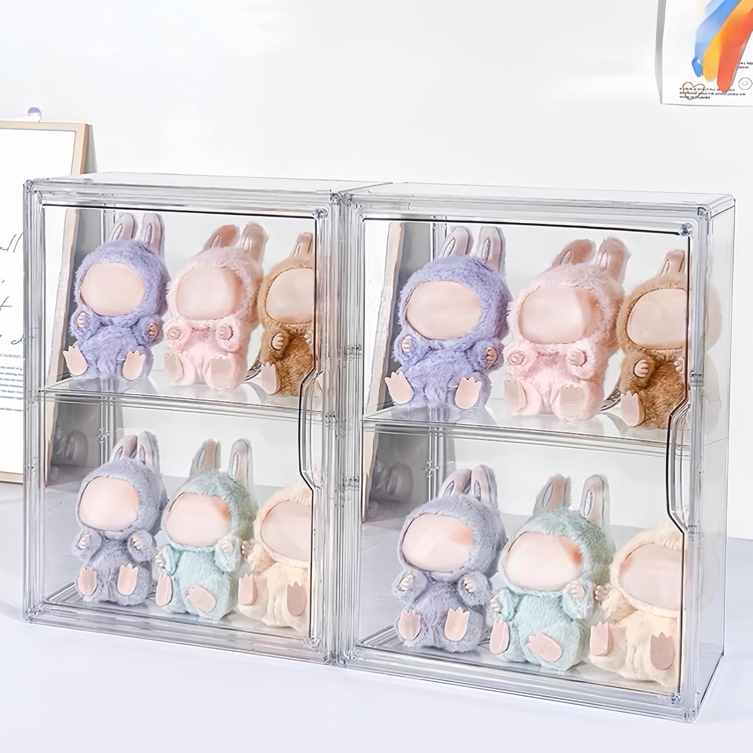 Acrylic Display Case Compatible with Labubu POP MART Doll, Clear Figure Display Case for 6-8 Dolls, 2 Layer Large Storage Bin (1 Pack)