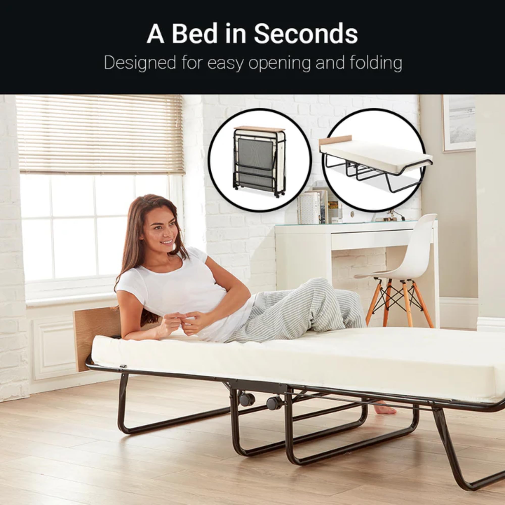 JAY-BE Lit Visitor Contract avec Matelas Performance e-Fibre et Pieds pliants automatiques, Acier, Noir, Simple
