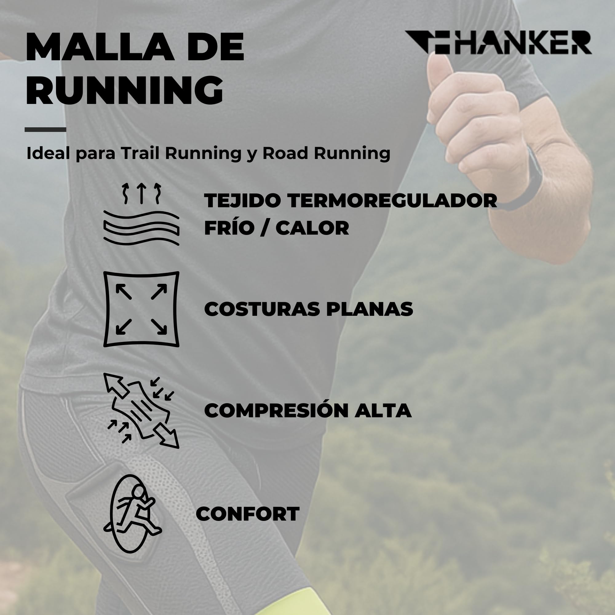 HANKER Mallas Compresión Hombre Running Trail – Bolsillos Laterales, Tejido Termorregulador Soft-Air, Costuras Planas Antirrozaduras