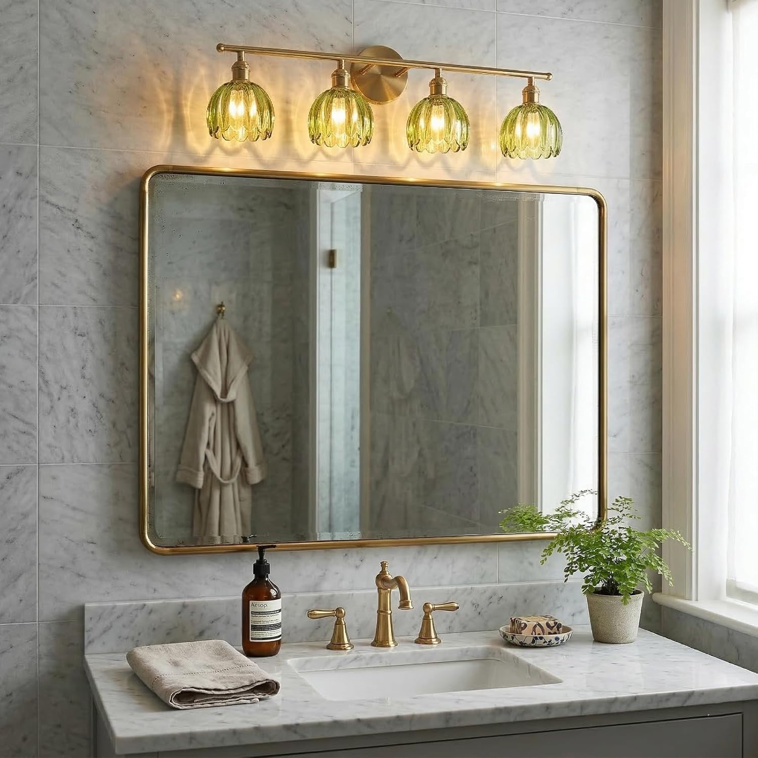 Bathroom Light Fixtures, 4-Light Brass Vanity Wall Light Over Mirror with Green Tulip Glass Shade for Bedroom Living Room (Bulb Not Included)