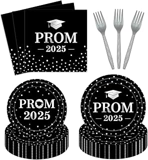 96PCS Prom Night Plates and Napkins Party Set Black and Silver Prom 2025 Plates Disposable Serve 24 Guests 2025 Graduation Prom Paper Plates Dinnerware Dessert Plates Napkins Forks