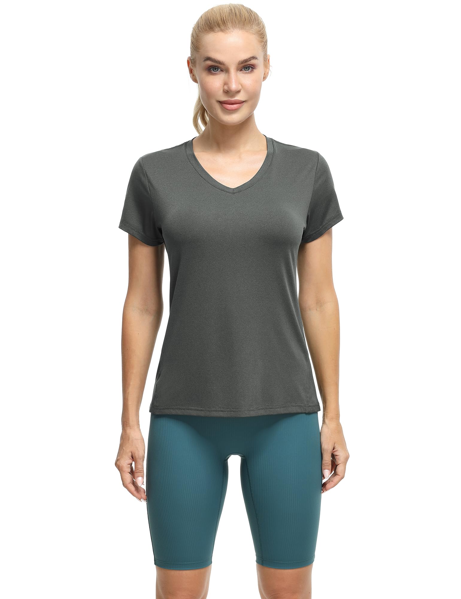 icyzone Damen Sport T-Shirt Kurzarm V-Ausschnitt Laufshirt Atmungsaktive Fitness Gym Funktions Shirt