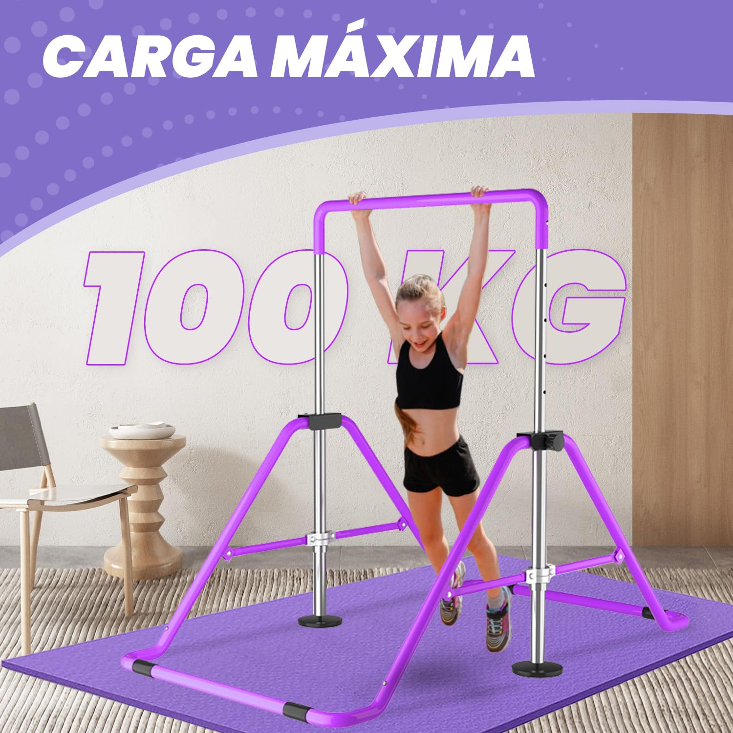 DOBESTS Barras de Gimnasia para el hogar, Equipo de Gimnasia para niños, Ajustable, para Entrenamiento en casa, Barra de Gimnasia para niños de 3 a 7 años (Barra Horizontal Morada con Relleno)
