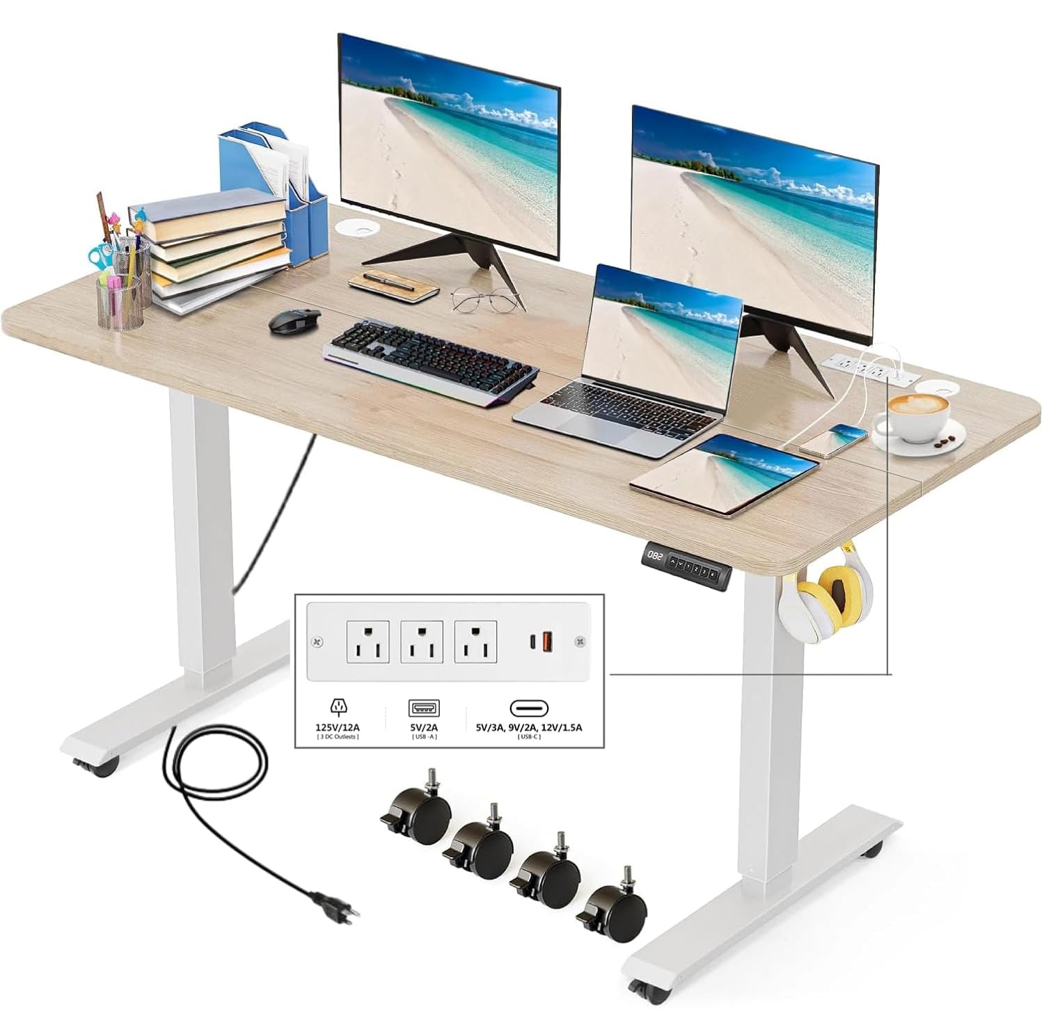 Electric Standing Desk 48 x 24 Inches Adjustable Height Sit Stand Up Desk for Home Office Computer Workstation with 2 USB Ports 3 AC Power Outlets Memory Preset and Wheels, Oak