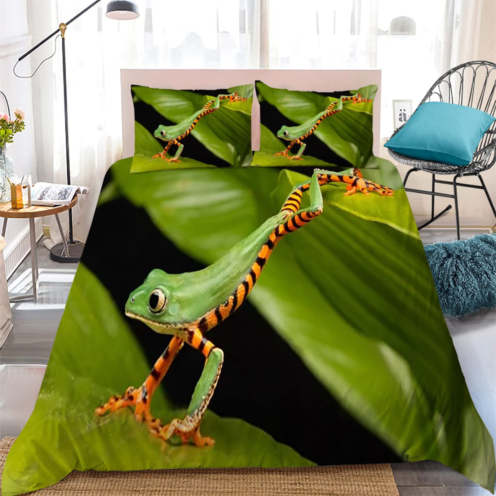 Housse de couette 220x240 rainette verte avec 2 taies d'oreiller pour lit 2 personnes