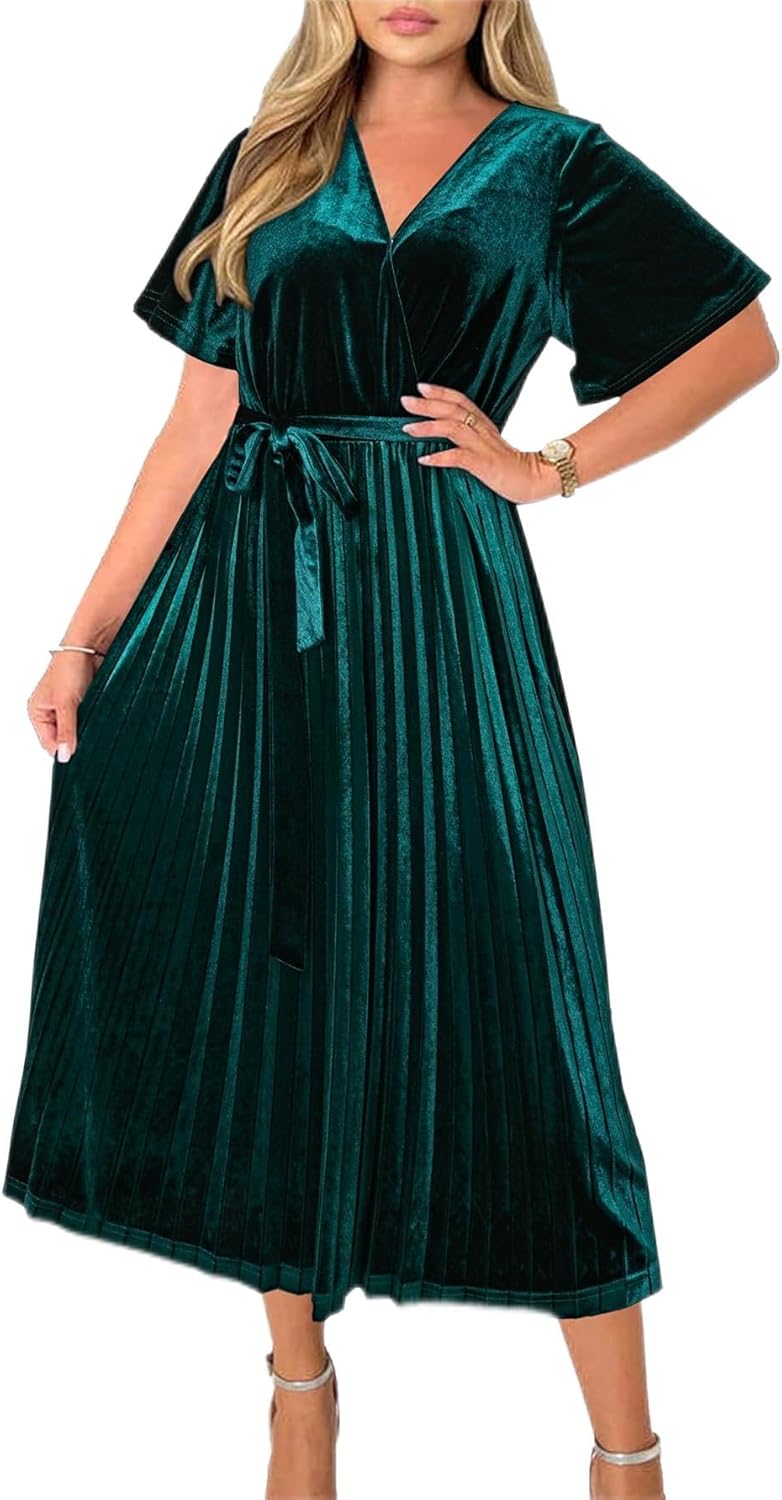 BerryGo Women's Formal Velvet Ruffle Pleated V Neck Faux Wrap Cocktail Party Dress Casual Short Sleeve Flowy Midi Dress