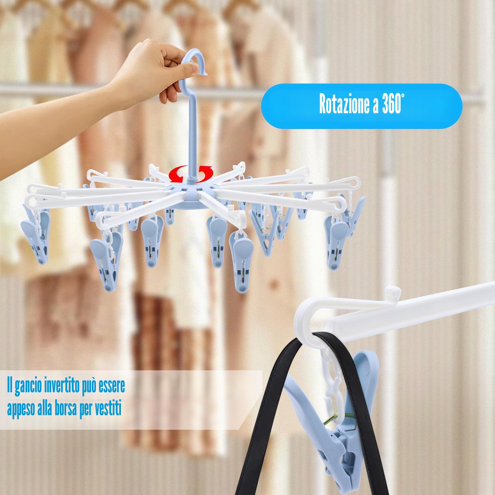 2 Pezzi Stendibiancheria con 40 Pinze, Stendino per Calzini Pieghevole, Appendiabiti per Calzini, Stendino in Plastica Girevole a 360°, Per Biancheria Intima, Calzini, Asciugamano (Blu)