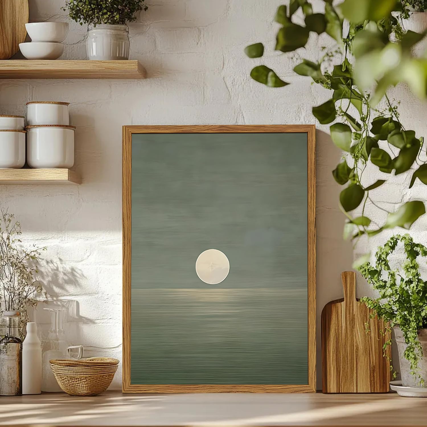 Framed Sage Green Japanese Canvas Wall Art Set of 2, Minimalist Moon and Birds Pictures Wall Decor, Neutral Landscape Artwork Paintings Prints Zen Home Decor for Living Room Bedroom Office 16x24 Inch
