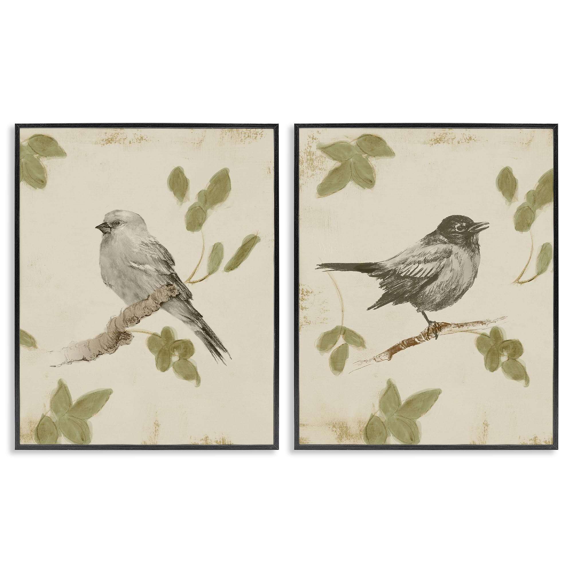 Neutral Bird Scene, 24 x 30 Inch Framed Giclée Print Set