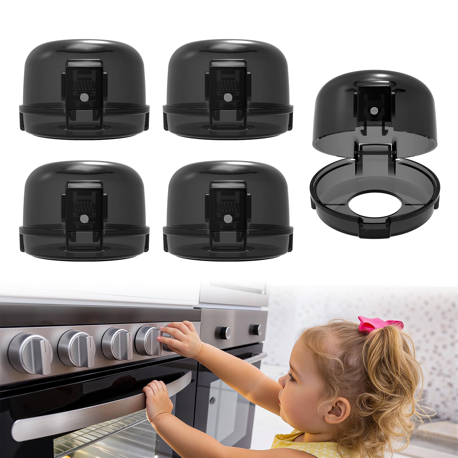 Photo 1 of BBsecure Stove Knob Safety Covers - 5 Pack Heat Resistant Oven Knob Covers for Child Safety with 3M Strong Adhesive, Gas Stove Knob Covers with Dual-Button Locks & Visual Design, Black