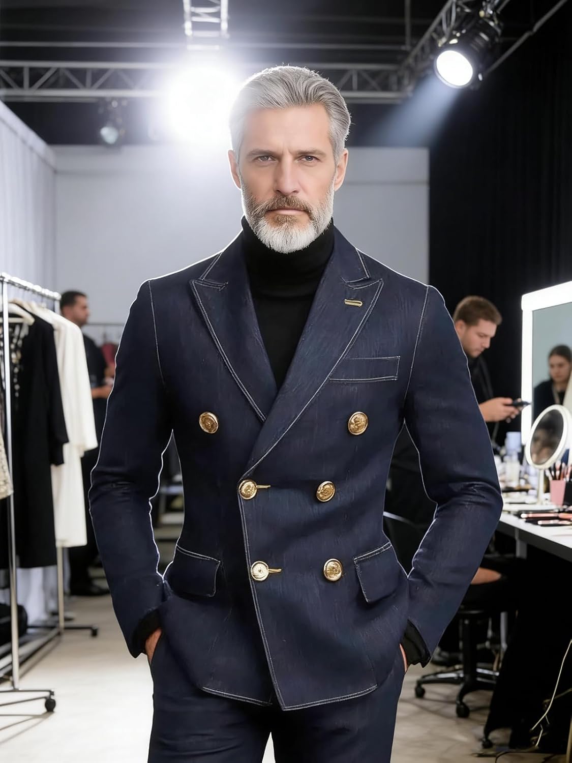 VENNYNG Men's Double Breasted Denim-Style Blazer Modern Jacket Casual Outing Date Night Trendy Mens Fashion