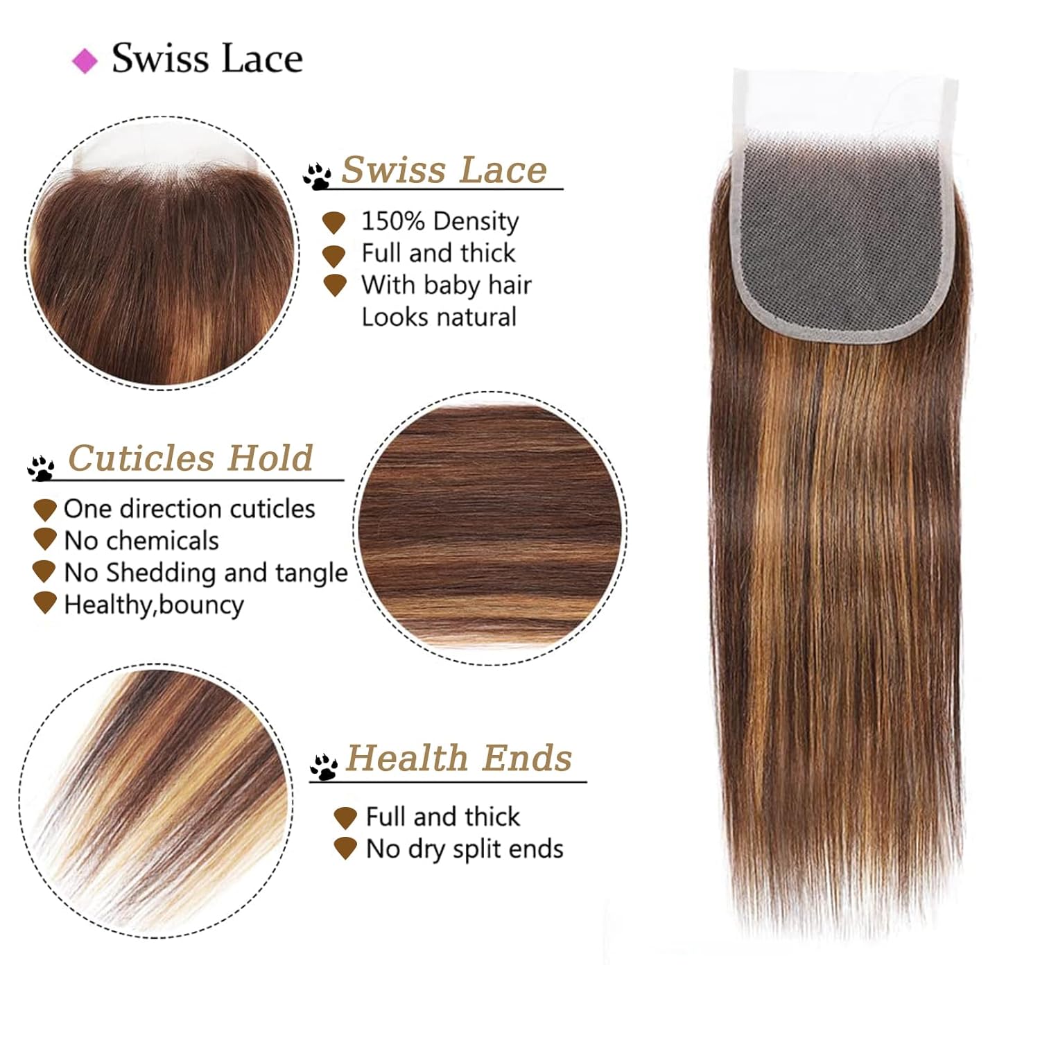 Highlight Ombre Human Hair Bundles with Closure 10A Highlight Brown Blonde 3 Bundle with 4X4 Closure Free Part (12 14 16+12Inch) Soft Straight Honey Brown Bundles Human Hair