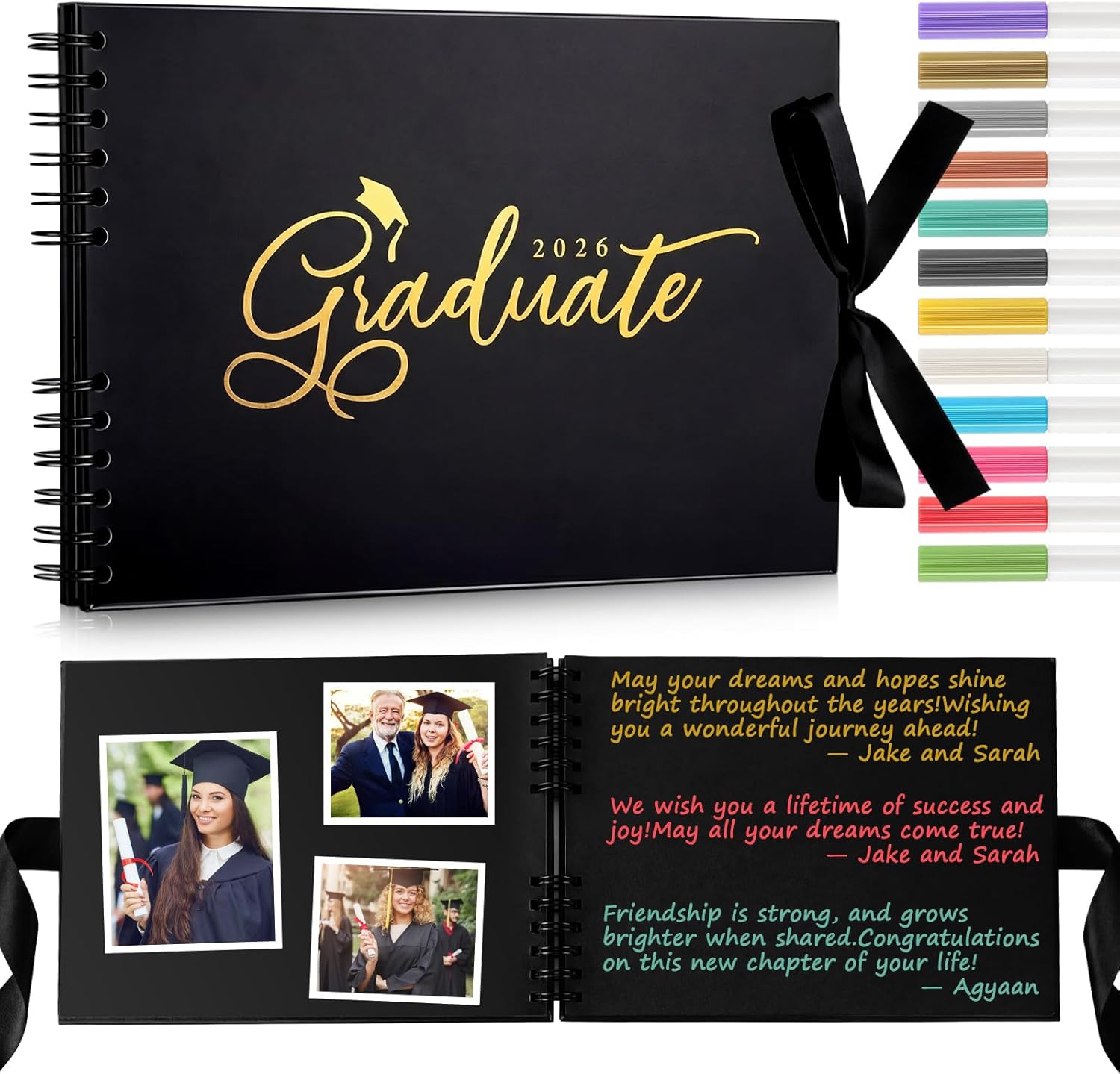 Eaasty 8.5*11.2 Inch Graduation Guest Book with 12 Colored Pencils Personalized Leather Photo Scrapbook Guestbook for Messages Well Wishes, Photo Souvenirs, Graduation Party, Grad Party Decor (White)