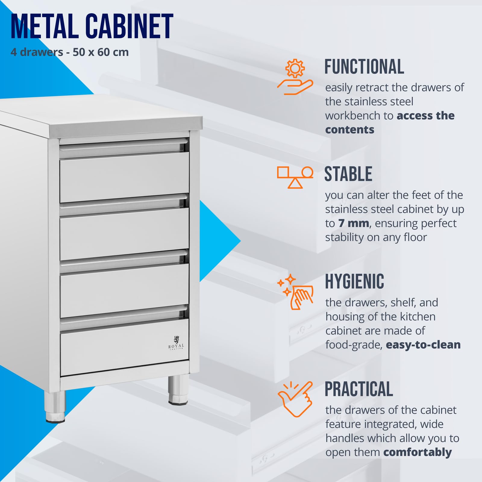 Royal Catering RCCD-4S - Armadio da lavoro in acciaio inox, 4 cassetti, 50 x 60 cm, altezza regolabile, in acciaio inox