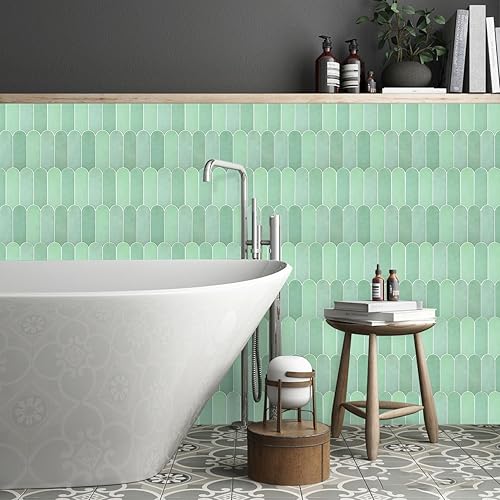 Miniatura 4 de Azulejos de pared verdes para despegar y pegar, autoadhesivos, extraíbles y aptos para inquilinos, azulejos de plumas (10 hojas)