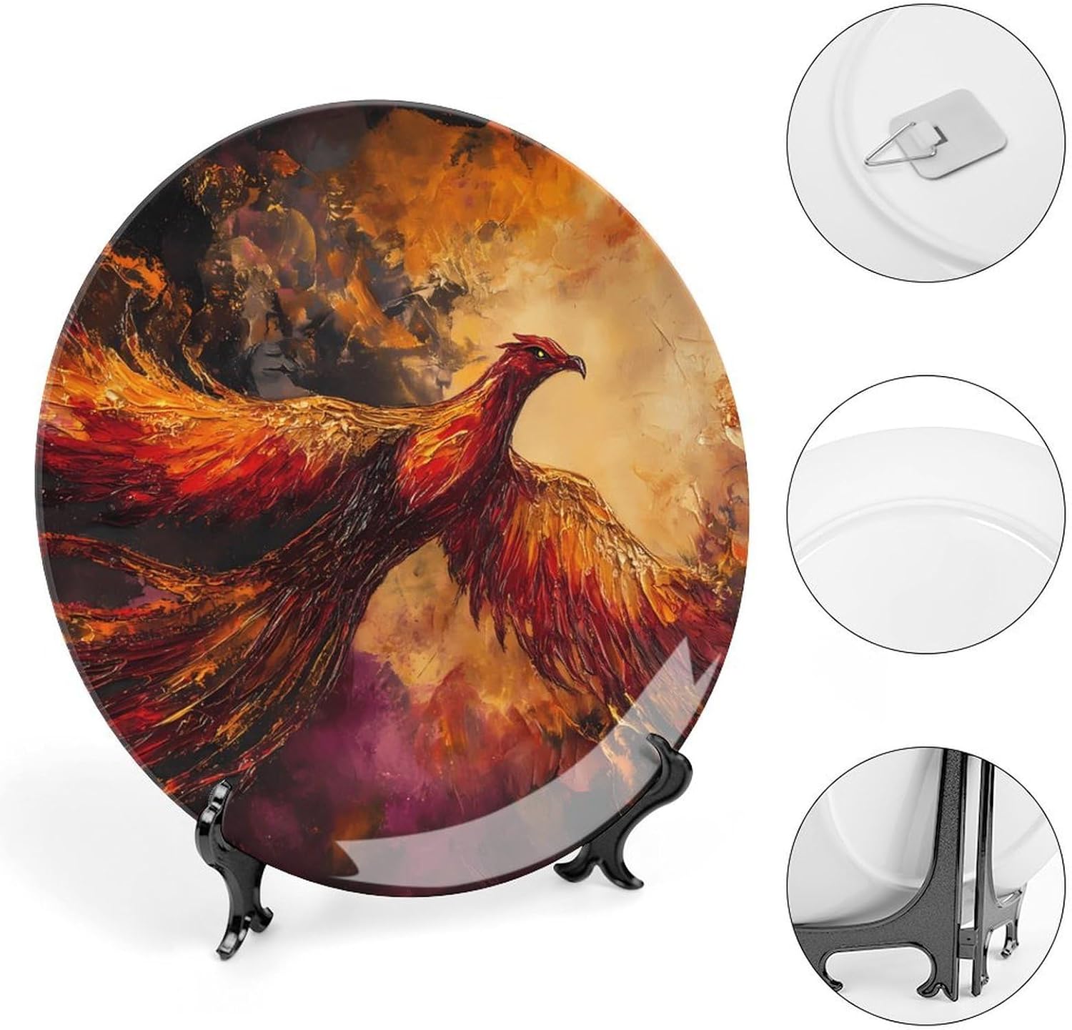 Phoenixes Soaring Flame Sky Decorative Plates for Display Ceramic Plate Tray with Stand Hanger Home Decor
