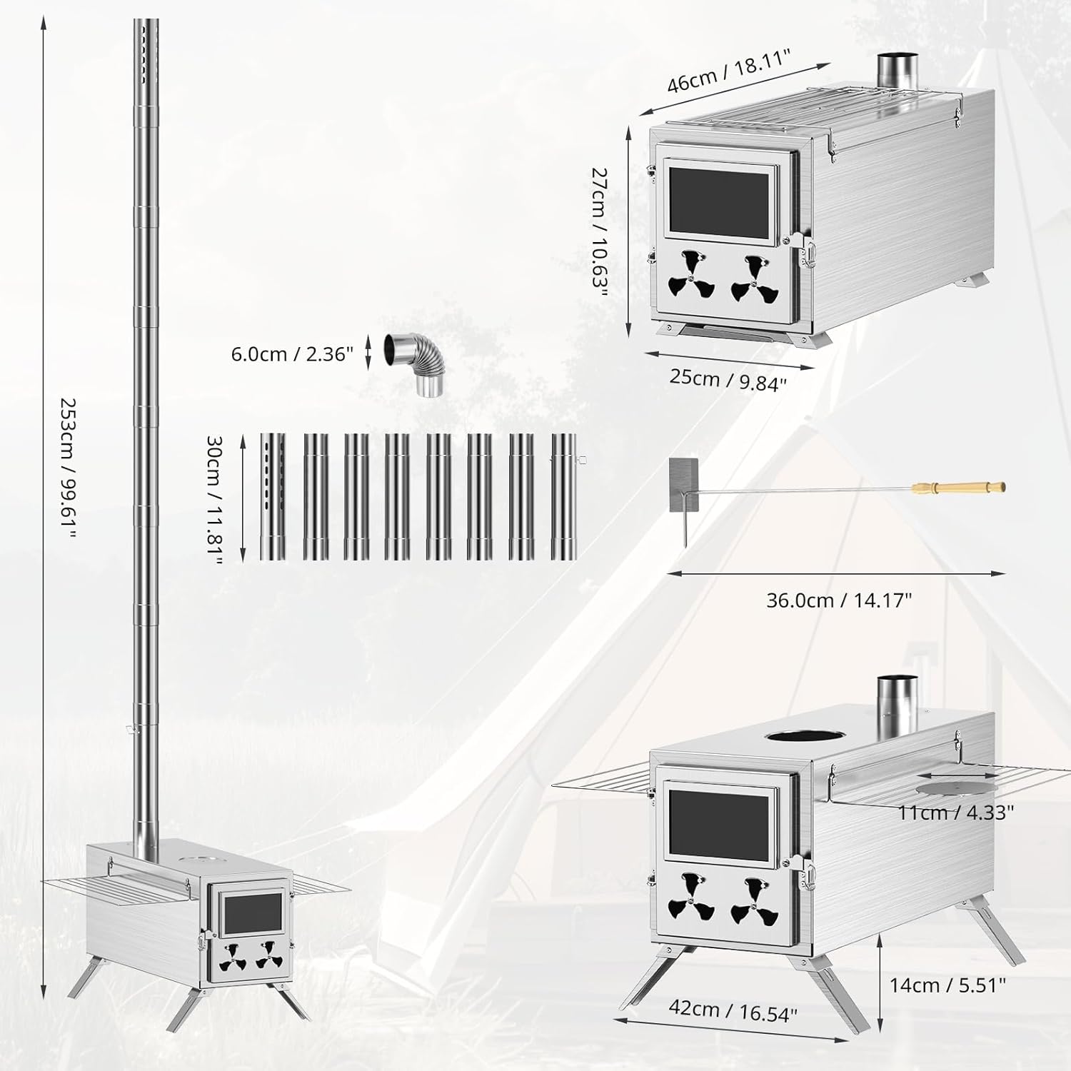 Upgraded Wood Stove, Hot Tent Stove Camping Portable Stainless Steel Wood Burning Stove with 7 Chimney Pipes for Wall Tent Camping, Hunting, Heating, Cooking, Ice Fishing, Boiling Water - Large