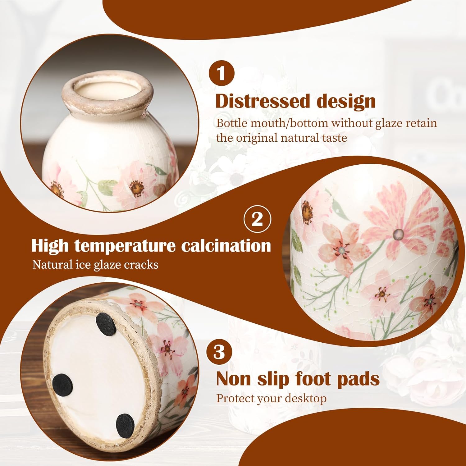 Ceramic Small Vase Rustic Farmhouse Vase Boho Vases Home Decoration for Your Kitchen Bedroom Office Bathroom& Shelf Centerpiece Table Decorative (7.8 Inches,Vintage) - Image 3