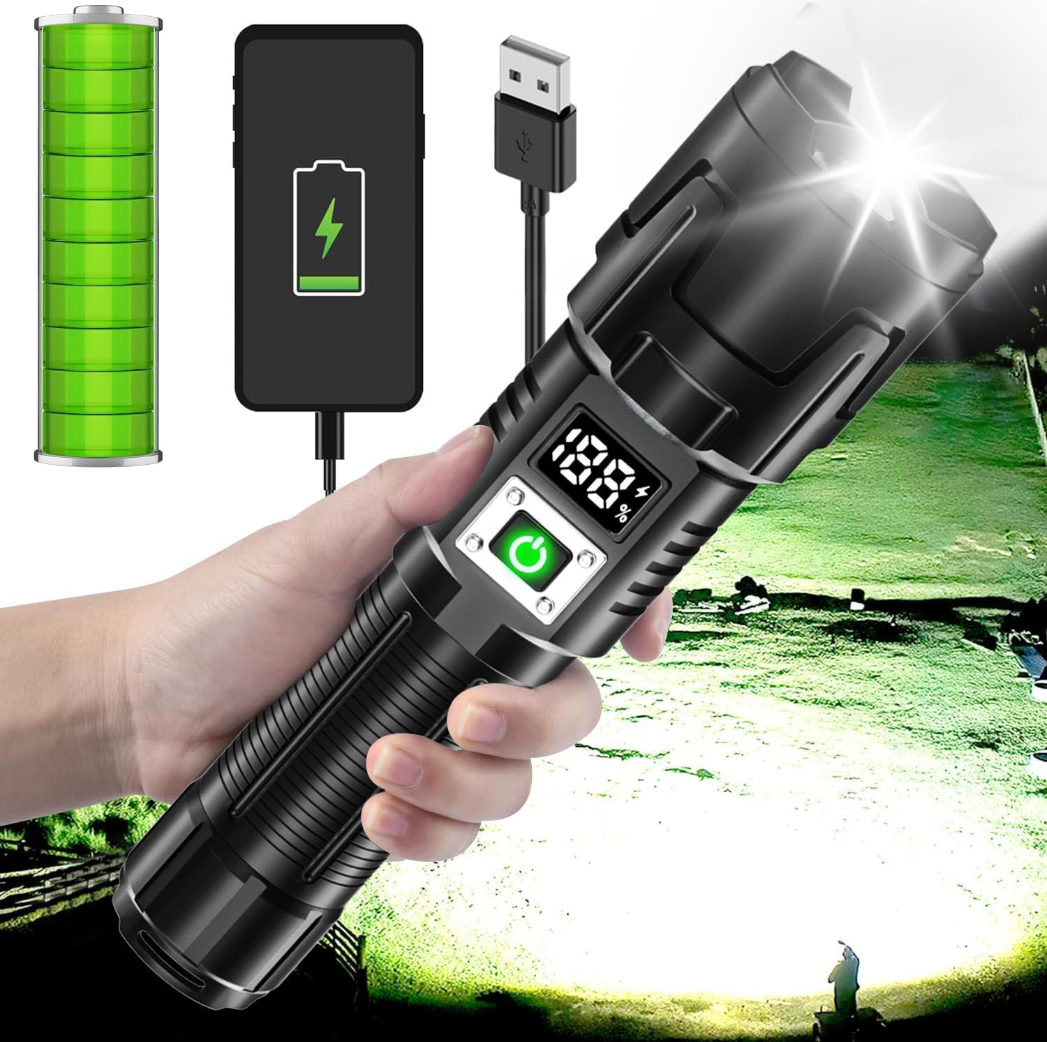 Rechargeable High Lumen LED Flashlight, 90,000 Lumens with Zoom, 3 Modes, IPX6 Water Resistant, Powerful Handheld Flashlight for Emergencies, Camping and Hiking