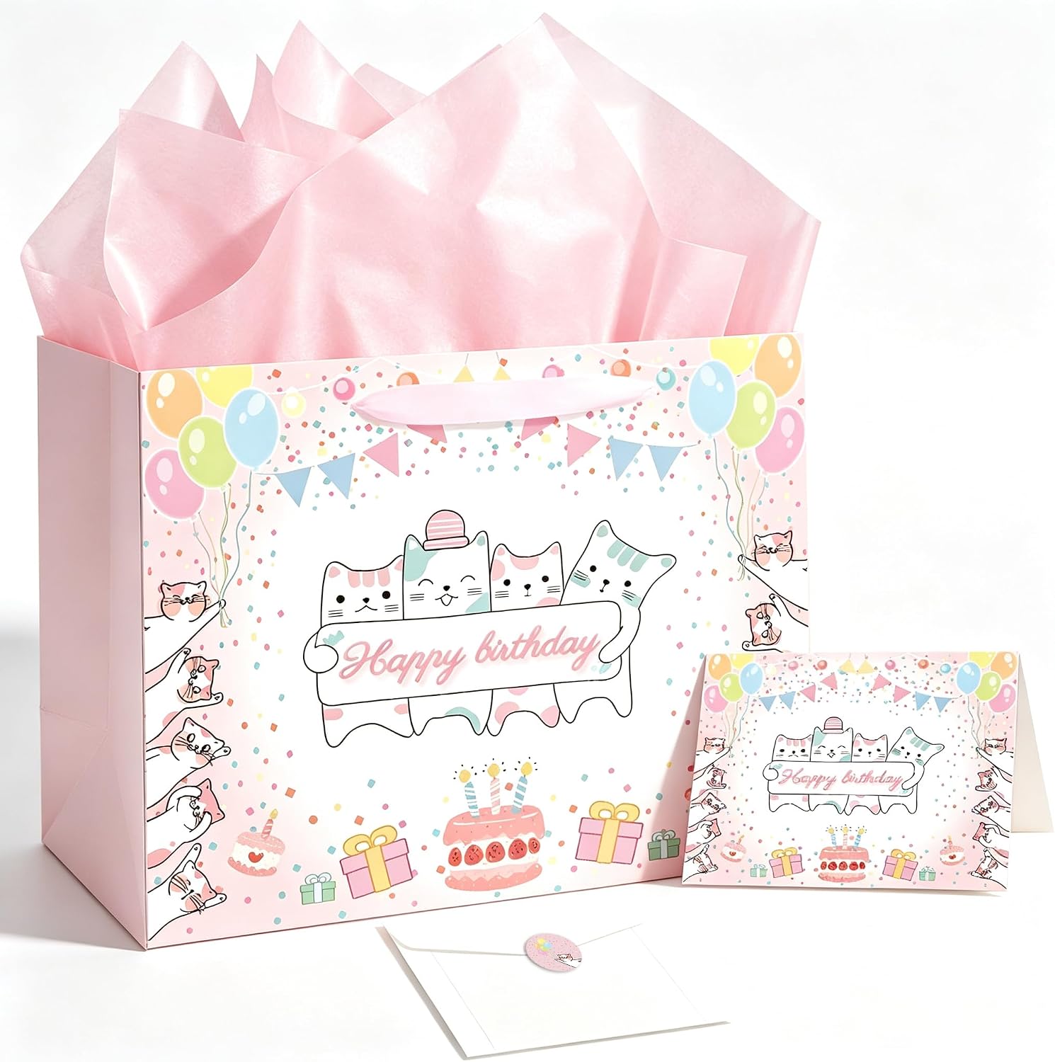 Funny 11.8'' Cat Pink Birthday Gift Bag Set with Matching Card for Girls