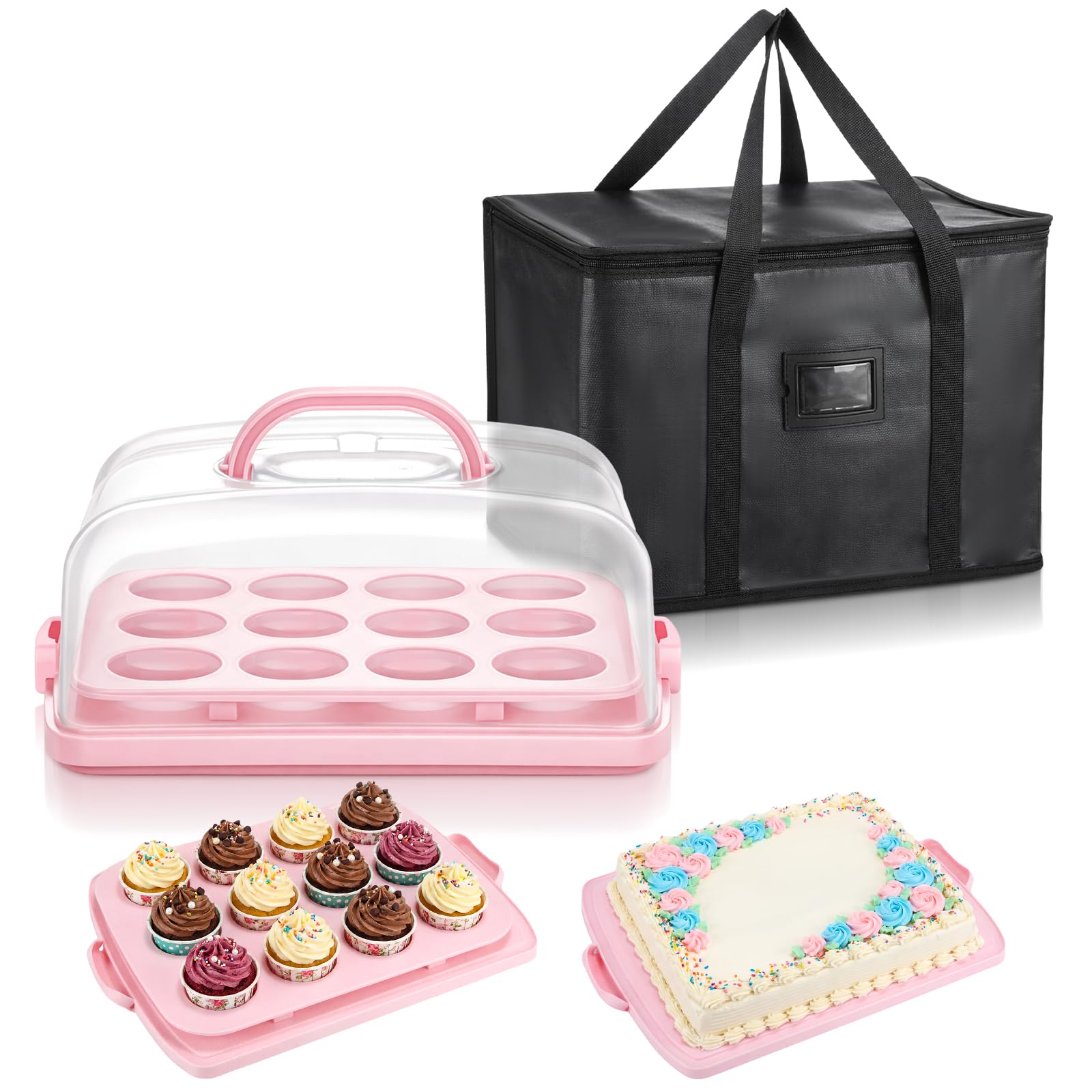 Photo 1 of 14.7 x 10.9 x 5.9 Inch Rectangle Cake Carrier with Lid and Handle Includes Cupcake Pie Holders Large Waterproof Portable Insulated Bag Pink Cake Carrier with Insert for Secure Dessert Delivery