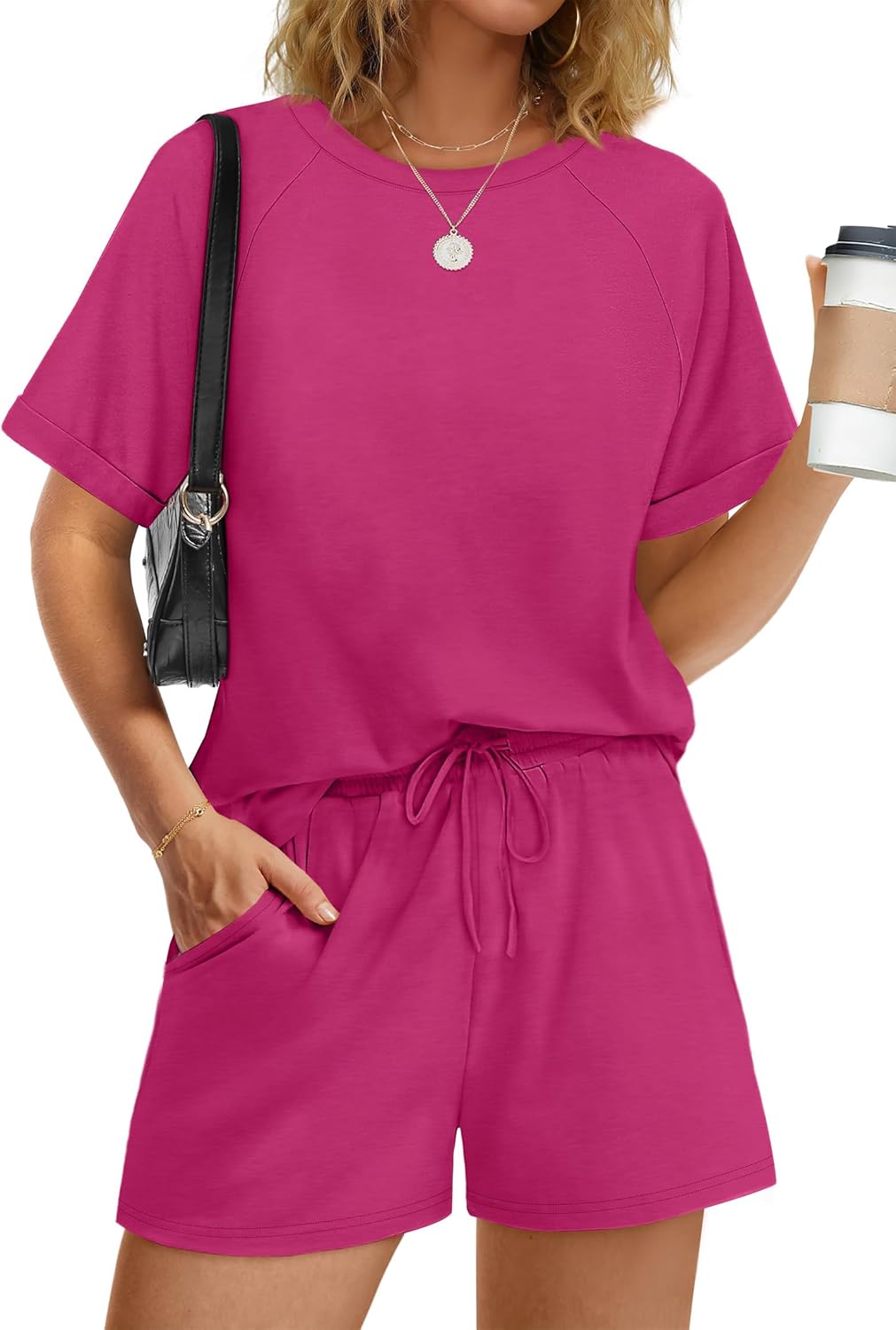 WIHOLL Women's 2 Piece Lounge Sets Short Sleeve T-Shirt and Drawstring Shorts Casual Pajamas Vacation Outfits with Pockets