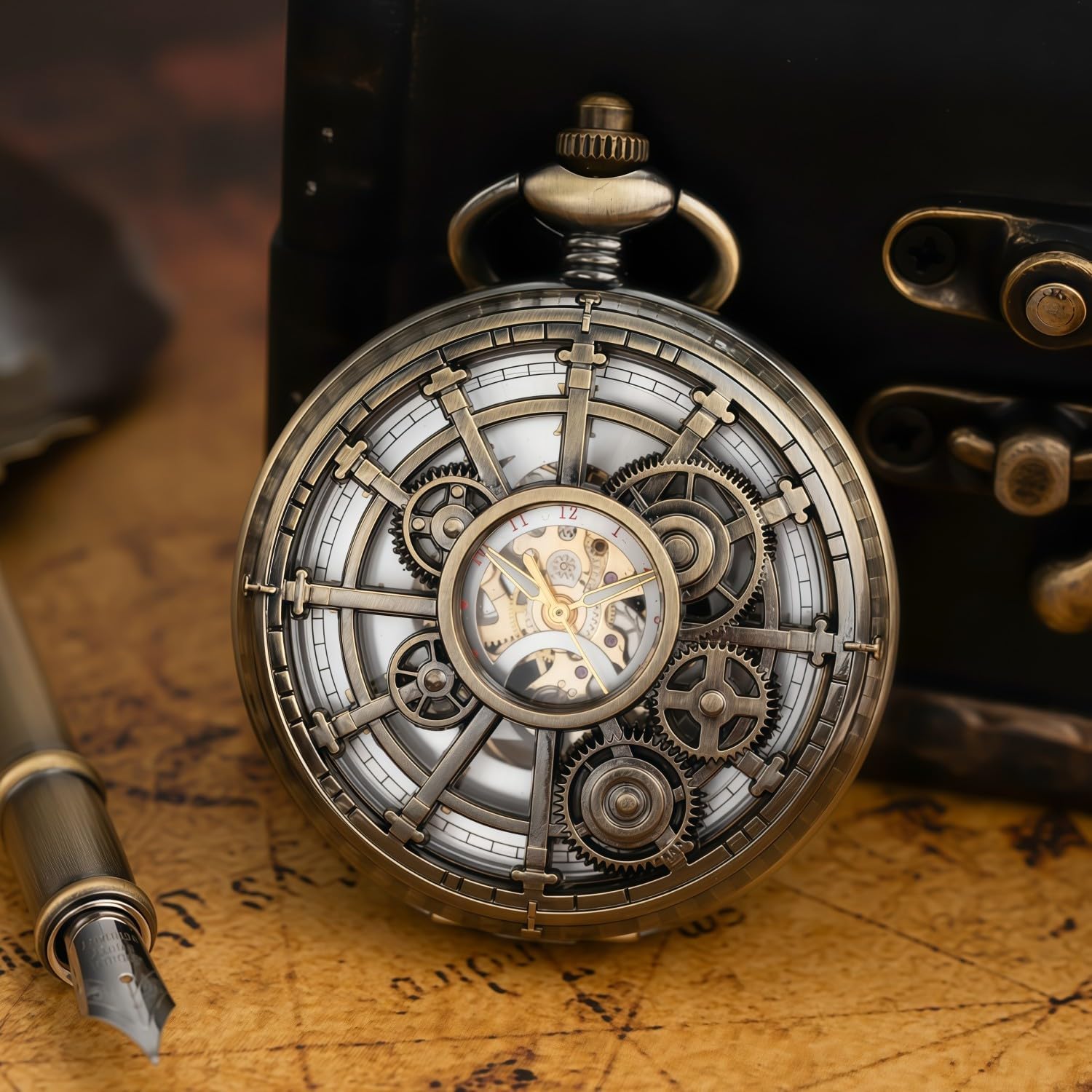 Steampunk Pocket Watch Skeleton Mechanical Gear Hand-Wind Roman Numerals Antique Chain Mens