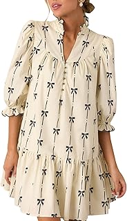 Women Puff Sleeve Mini Dress Mock V Neck Babydoll Short Dress with Bow Print - Buy now