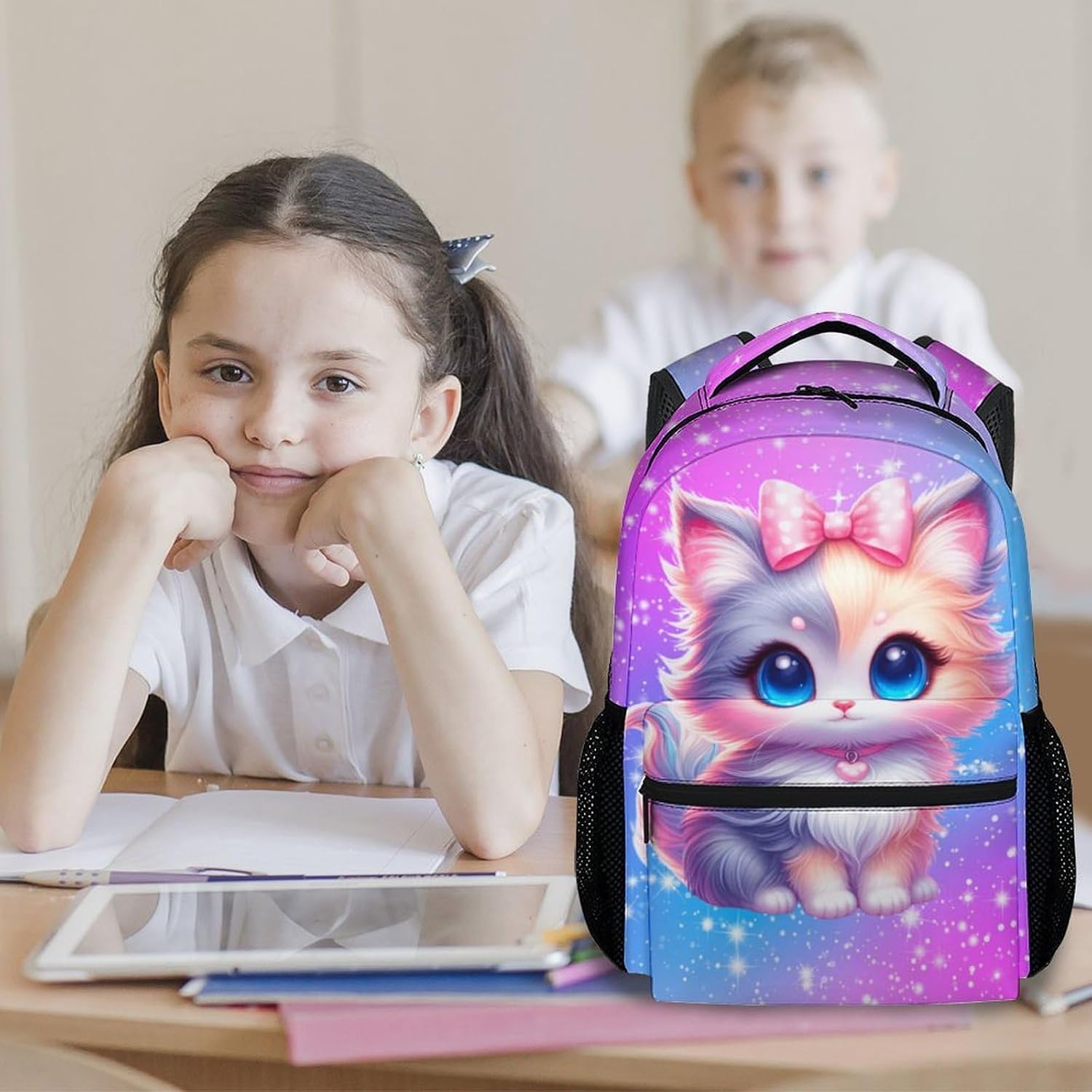 Backpack for Girls - Cat Backpacks for Kids Ages 6-8, 17 Inch Durable Toddler School Bookbag with Adjustable Straps
