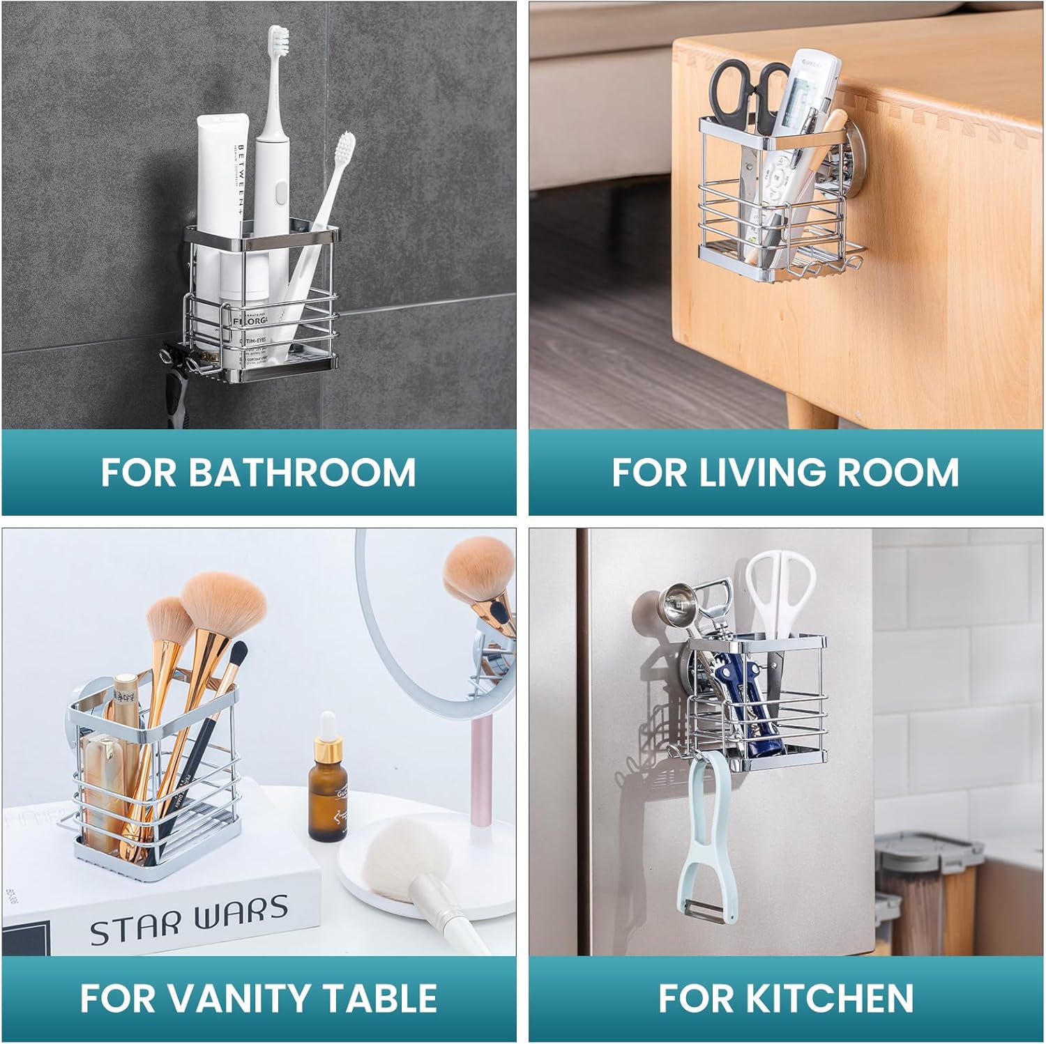 TAILI Patented Suction Cup Toothbrush Holder, Stainless Steel Anti-Puddling Shower Toothbrush Holder, No Drilling Removable Organizer for Bathroom Toothpaste, Razor, Kitchen and Office Items, Silver