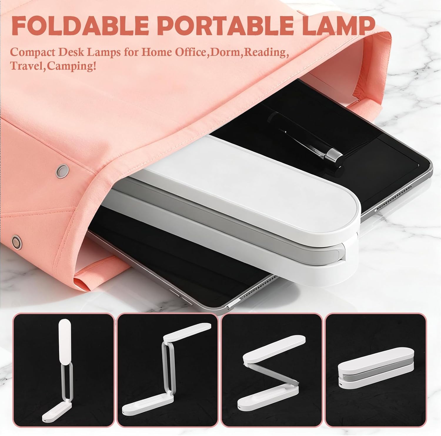 Rechargeable LED Desk Lamp, Foldable Portable Table Light with 3 Brightness Levels,Type-C USB Charging,Small Desk Lamp,Portable Bedside Wireless Reading Light,Home, Office, Nail Art,Craft,Pink
