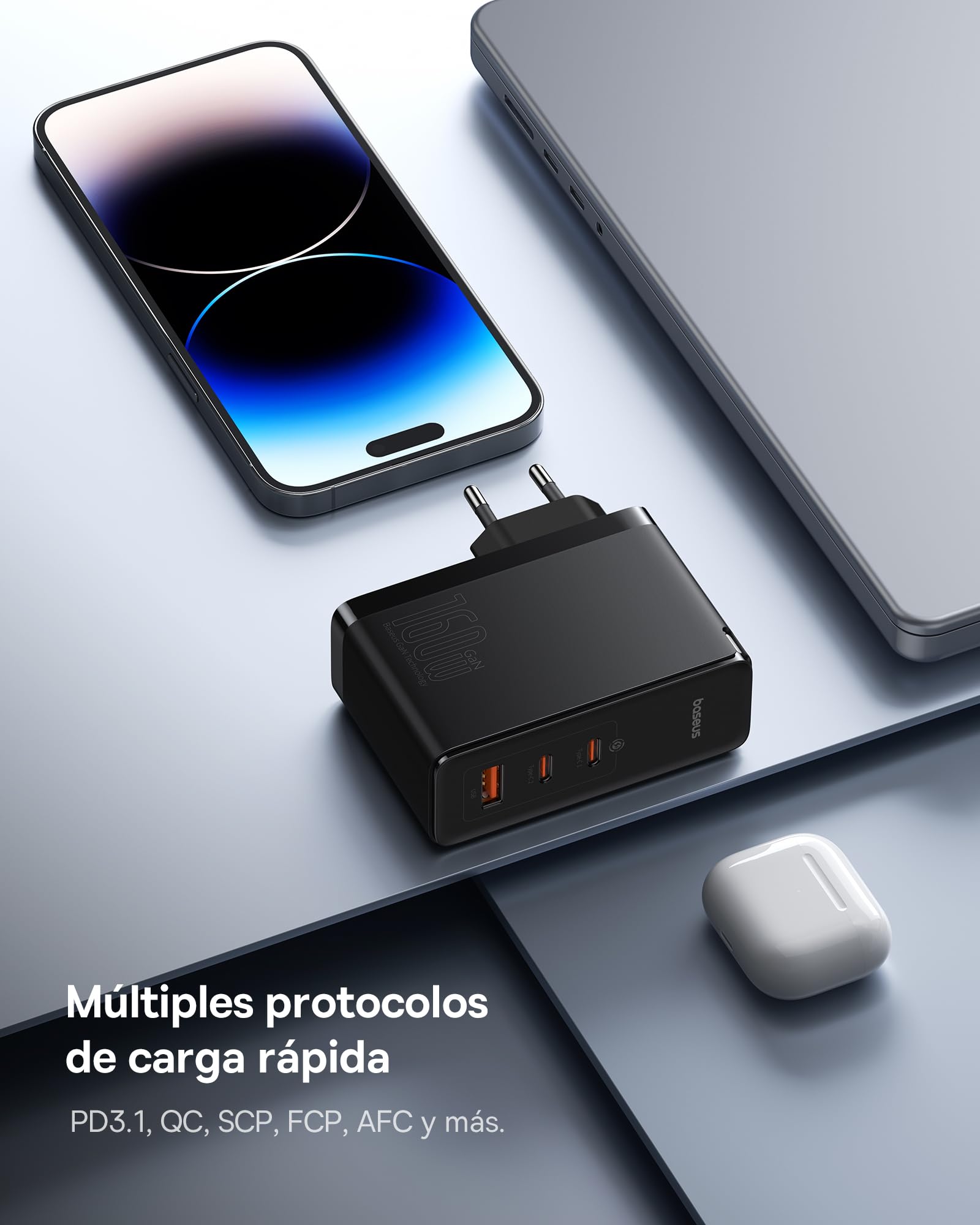 Baseus Cargador USB C Rápido 160W 3 Puertos, Tipo C PD 3.1 PPS GAN Carga Rápida Compatible Con MacBook Pro/Air, Samsung Galaxy S24 Ultra, iPhone 15/14/13, iPad Pro/Air, Laptop