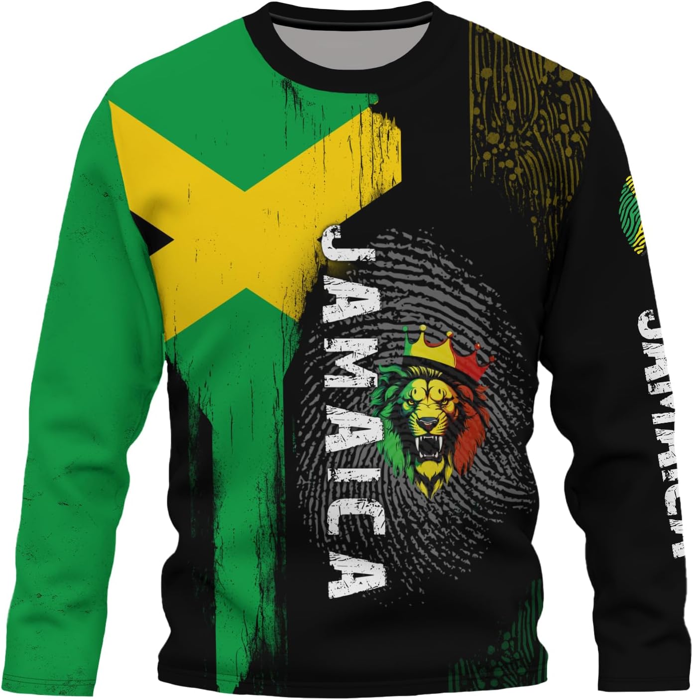 Men's Jamaica Flag Long Sleeve T-Shirt Jamaican Lion Print Tee Jersey Casual Round Neck Long Sleeve Top Unisex